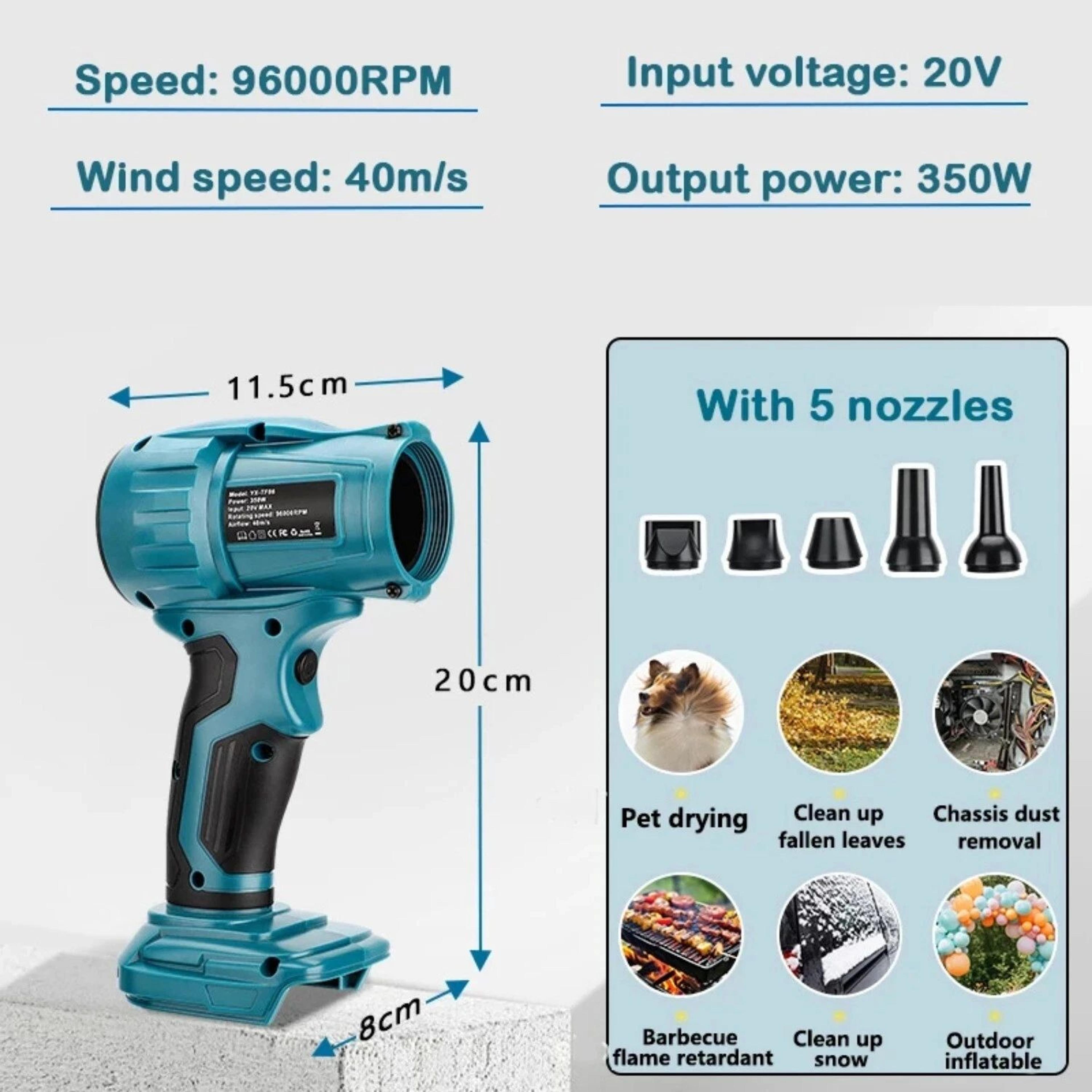 350W Cordless Turbo Jet Blower With Adjustable Airflow And 5 Nozzles 5