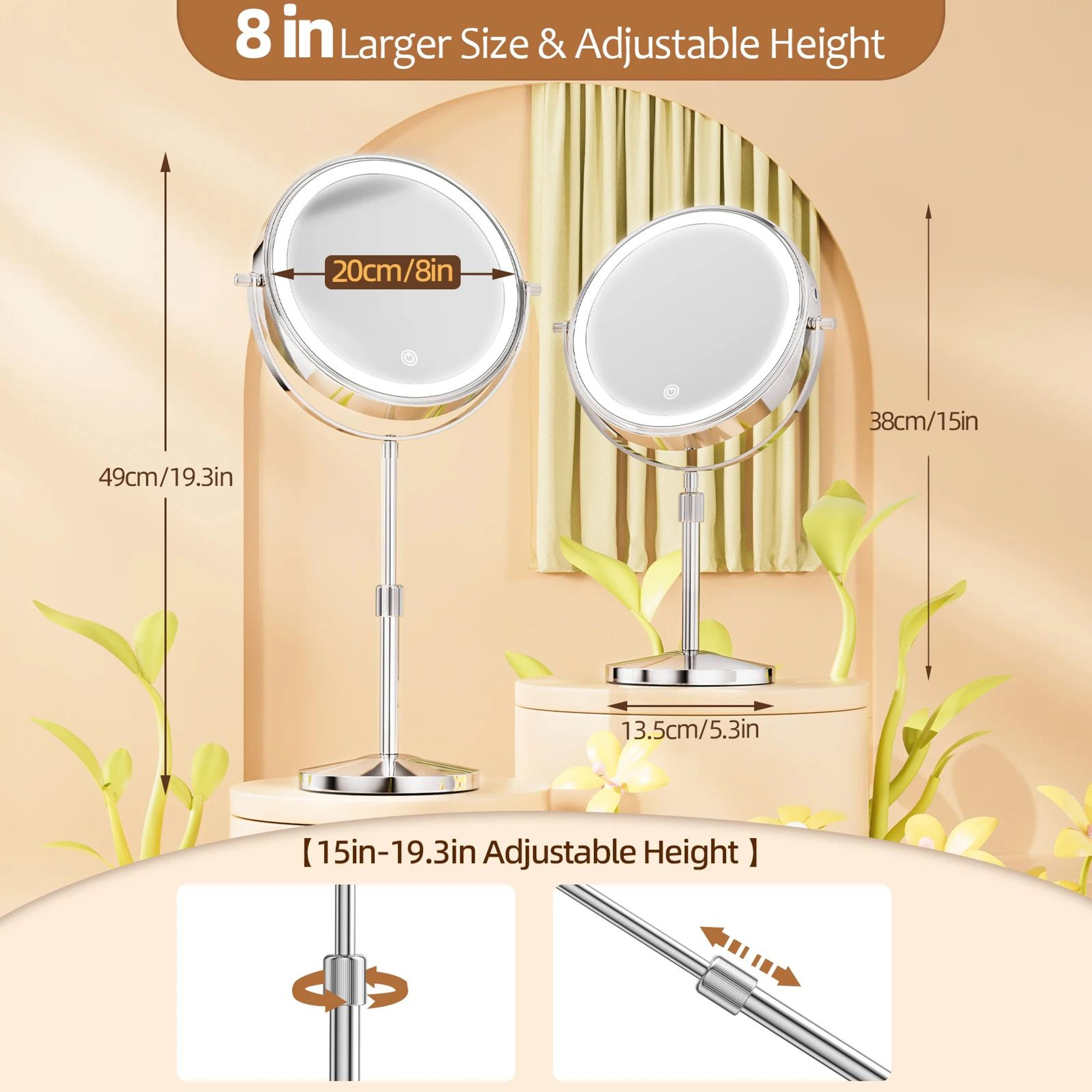8 Inch Double Sided LED Makeup Mirror With 10X Magnification 3 Color Lights And Adjustable Height 1