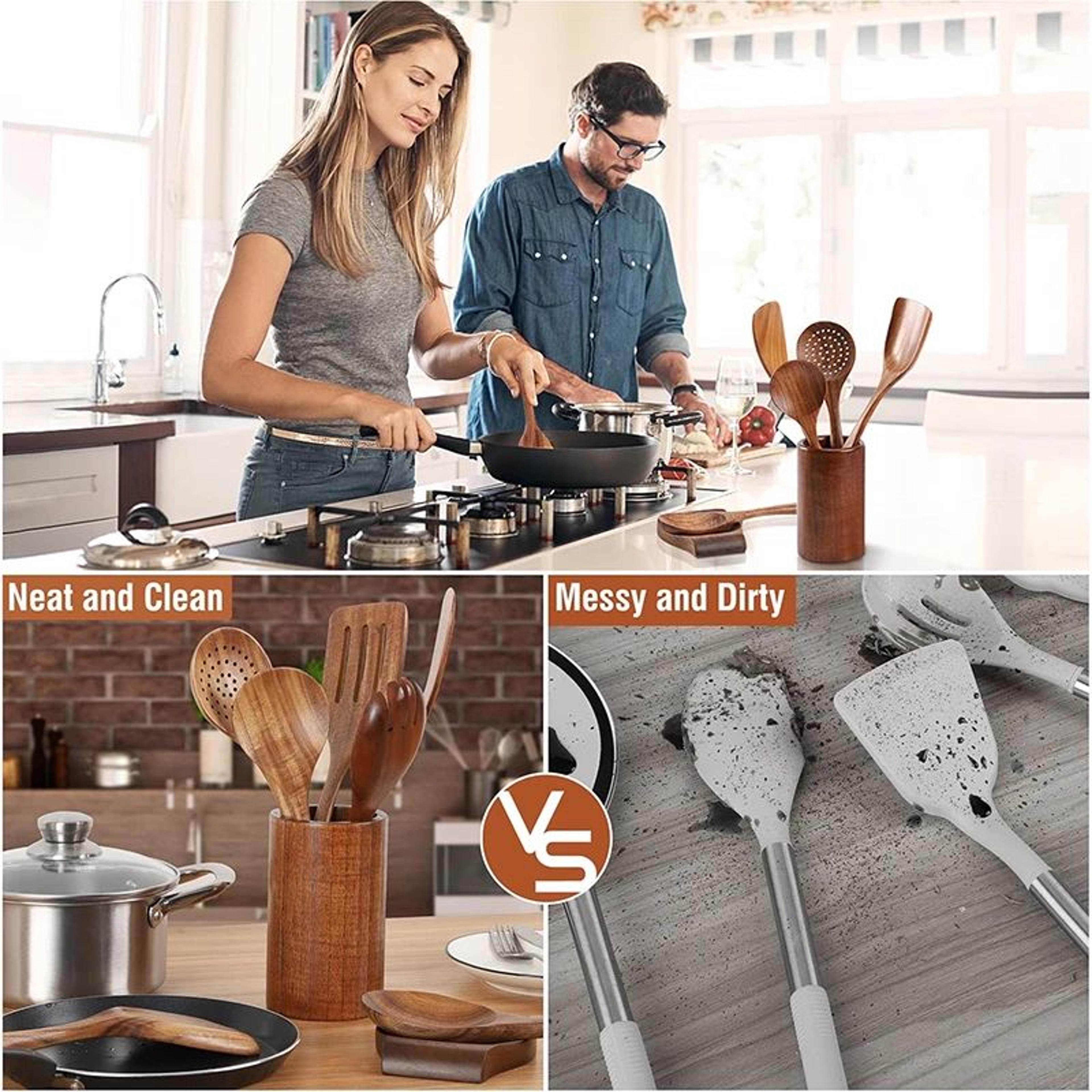 10 Piece Natural Teak Wooden Kitchen Utensil Set With Spoons And Spatulas 1