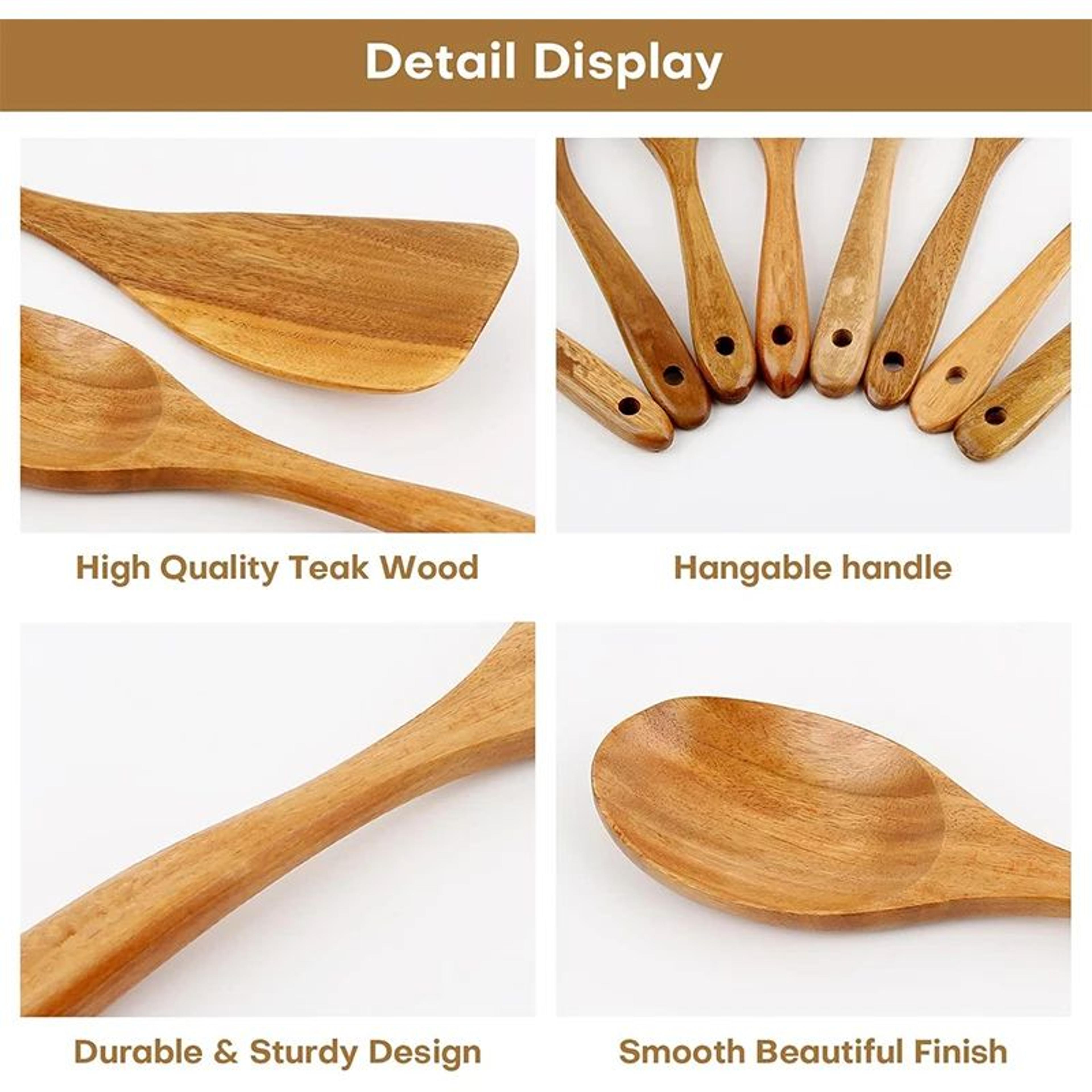 10 Piece Natural Teak Wooden Kitchen Utensil Set With Spoons And Spatulas 2