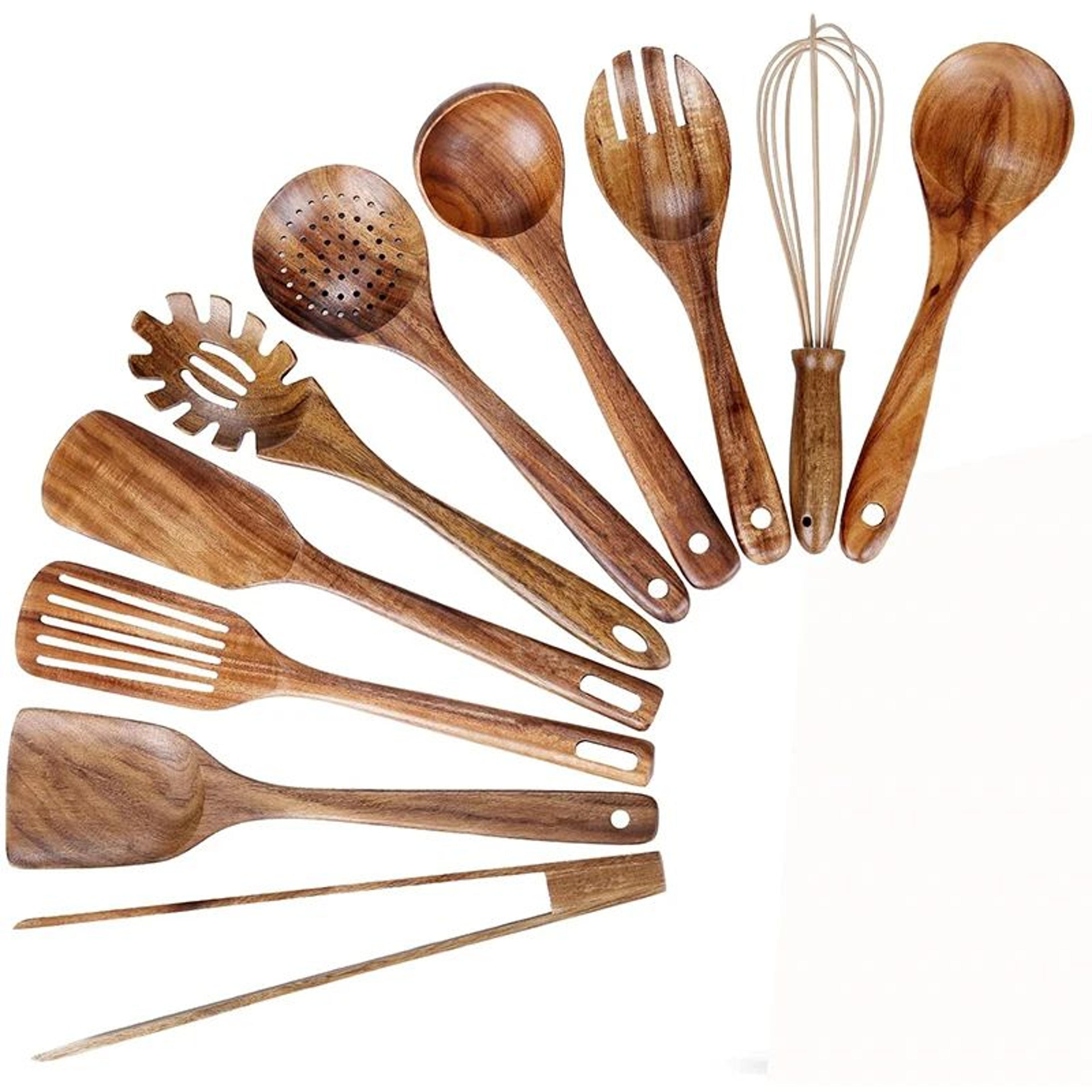 10 Piece Natural Teak Wooden Kitchen Utensil Set With Spoons And Spatulas 8