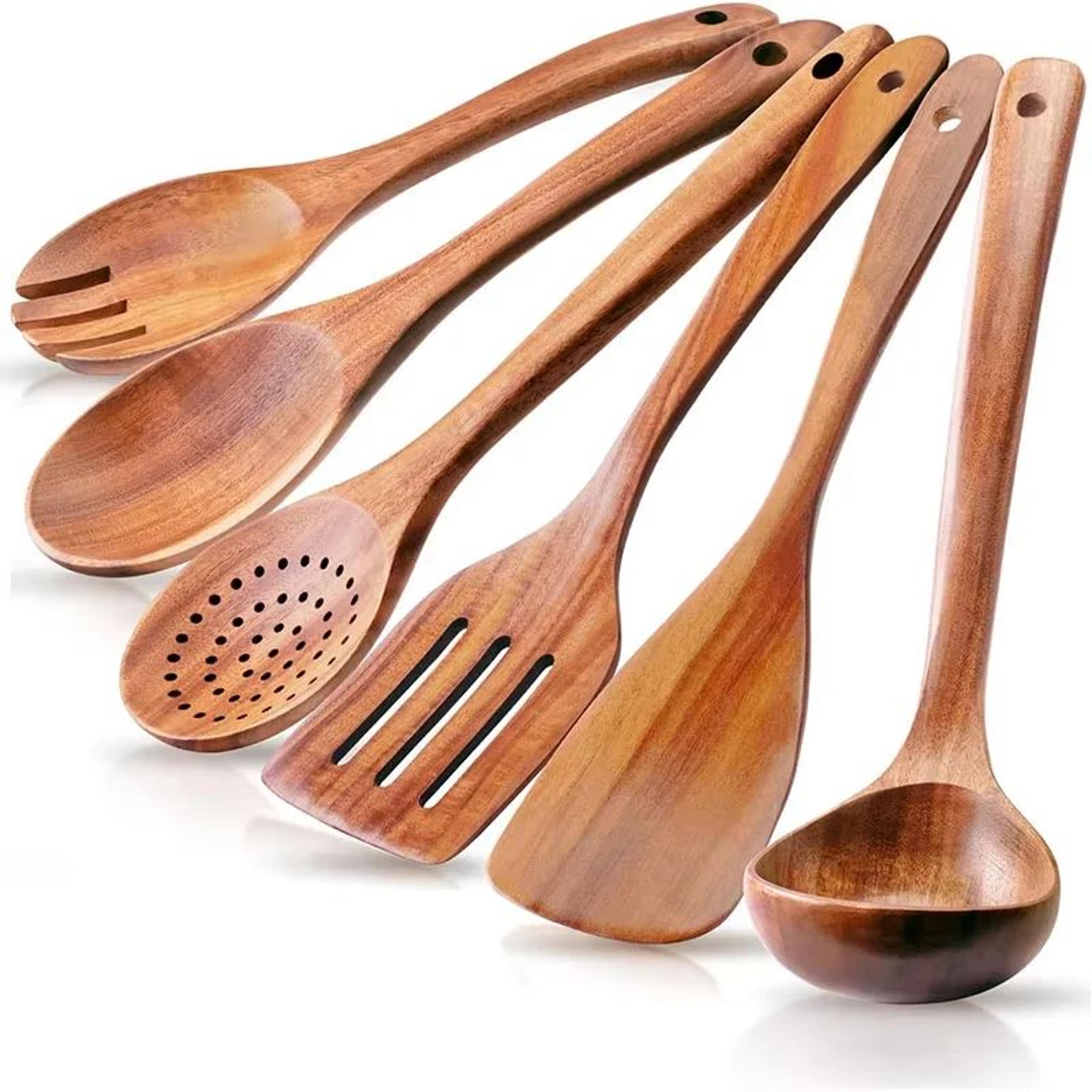 10 Piece Natural Teak Wooden Kitchen Utensil Set With Spoons And Spatulas 9