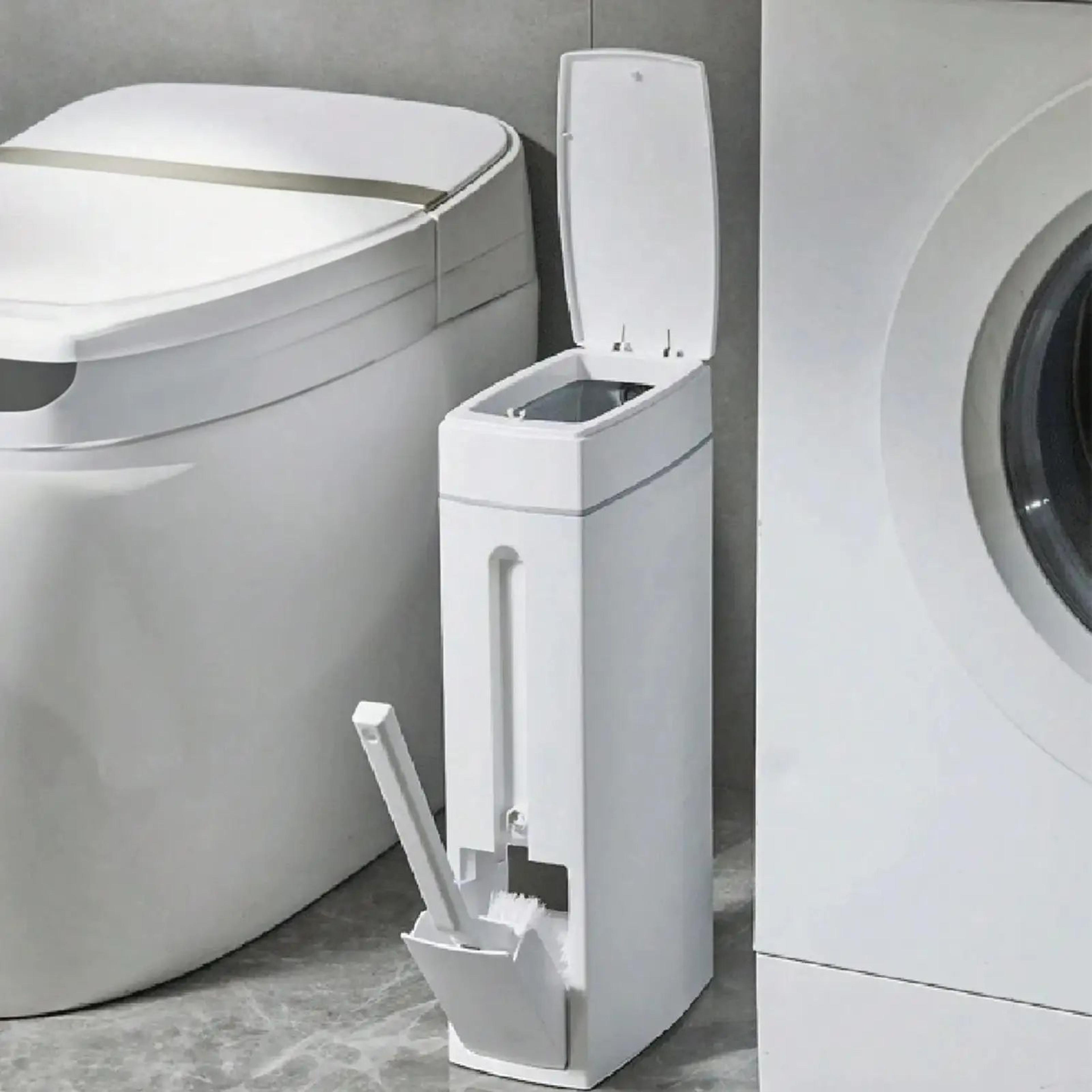 space saving bathroom trash can with lid and toilet brush combo