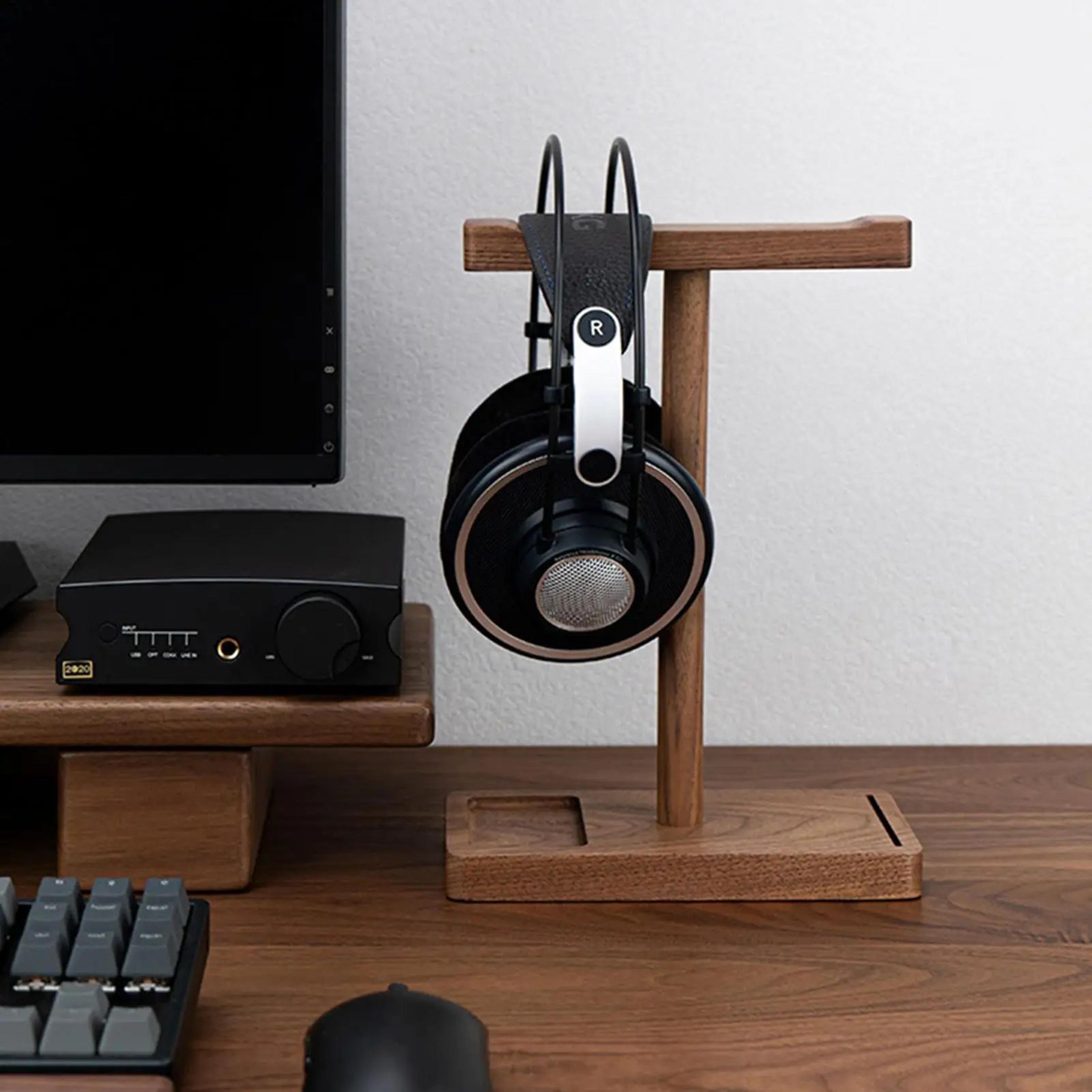 Walnut Wooden Headphone Stand Rustic Desktop Headset Holder 3