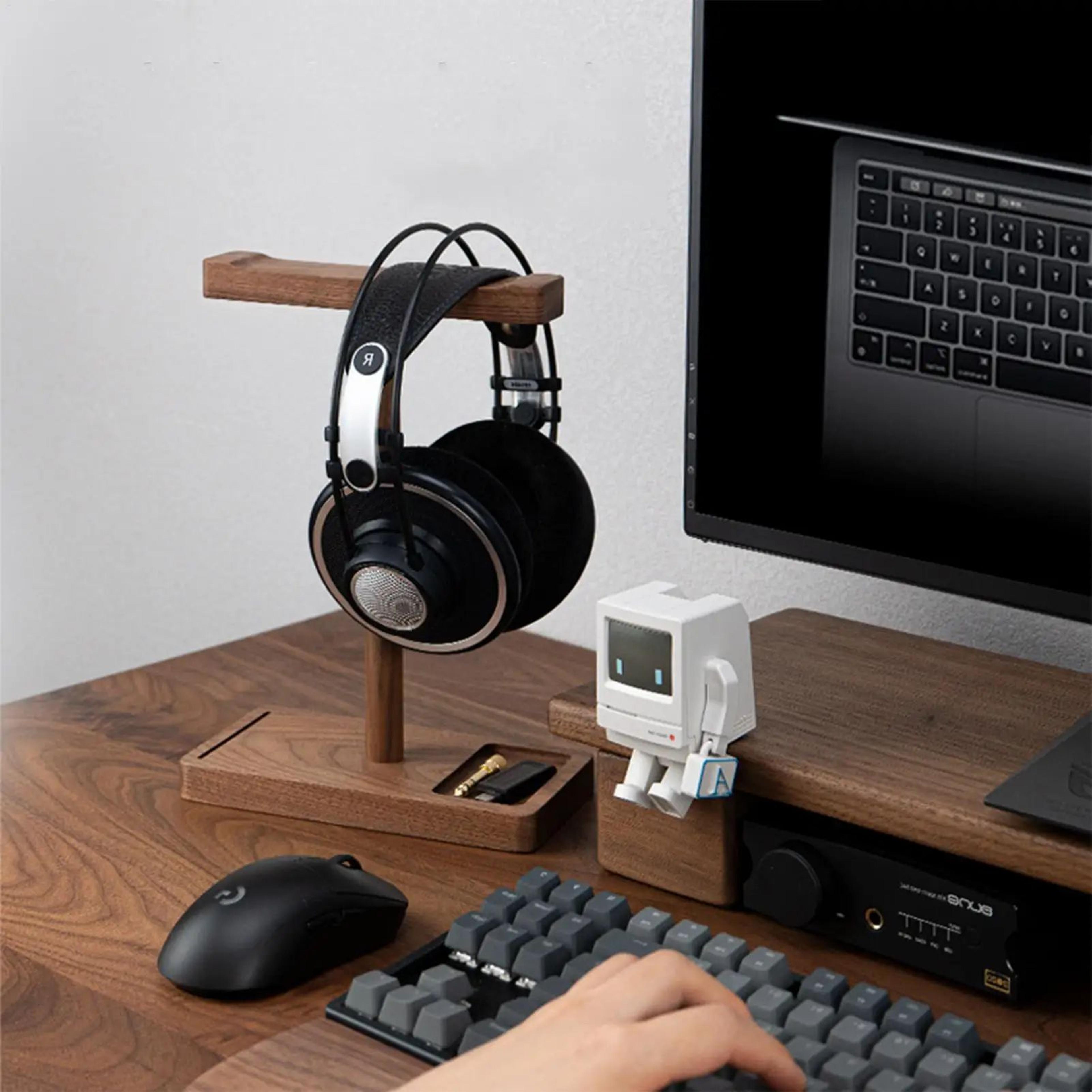 Walnut Wooden Headphone Stand Rustic Desktop Headset Holder 4