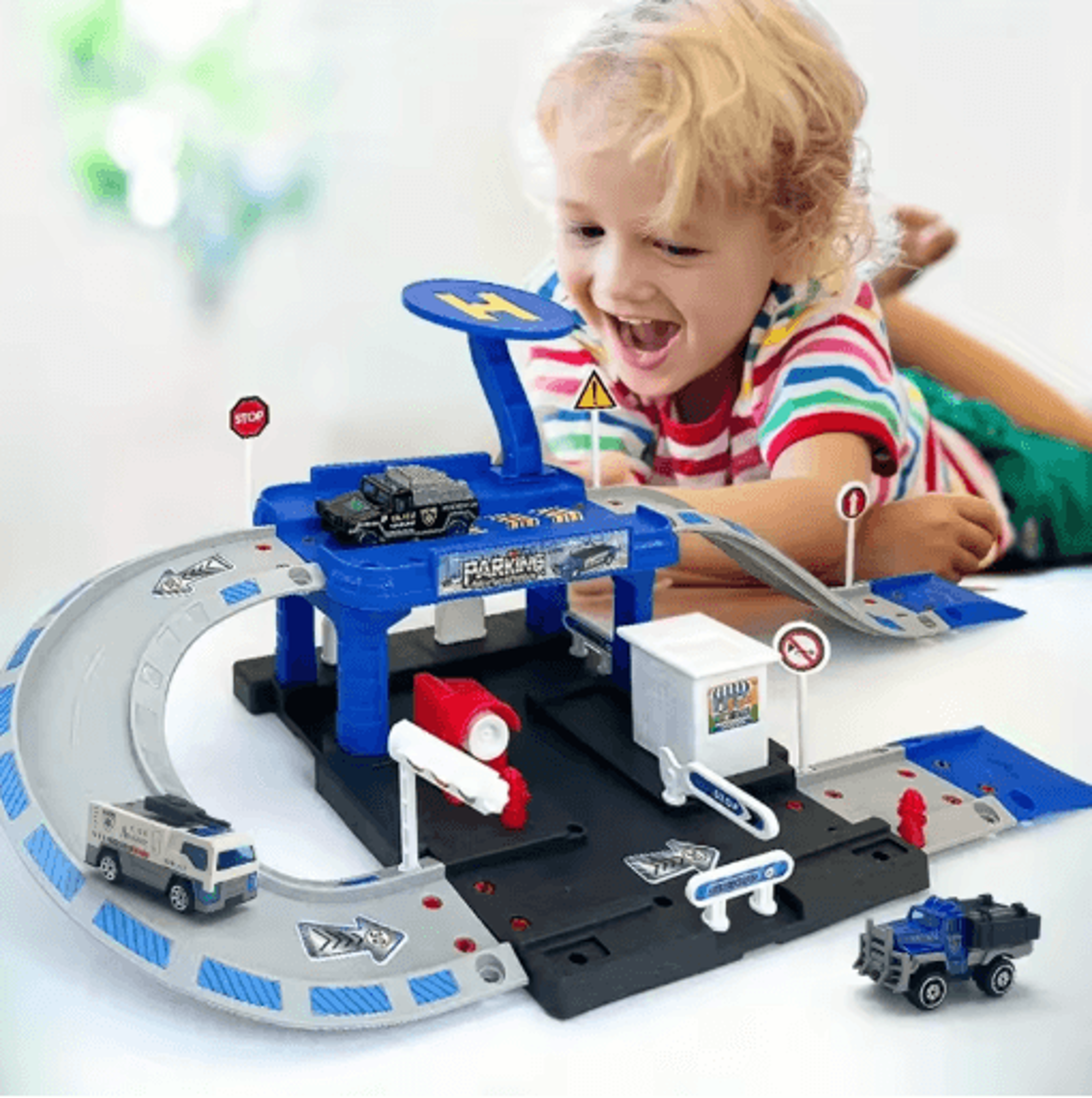interactive city car track set with parking lot road play system