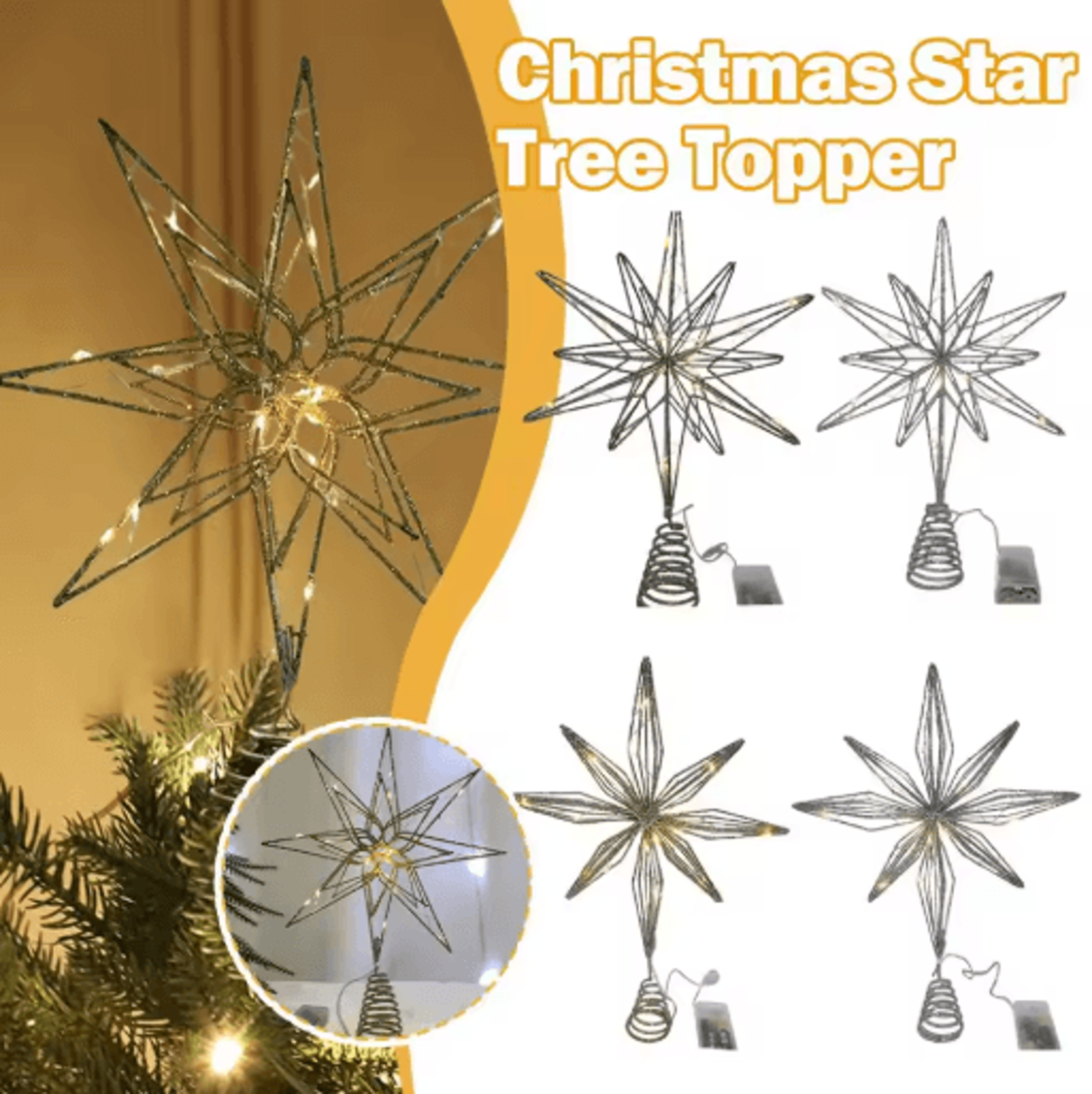 20 light christmas star tree topper pre lit multi pointed glitter snowflake treetop decor