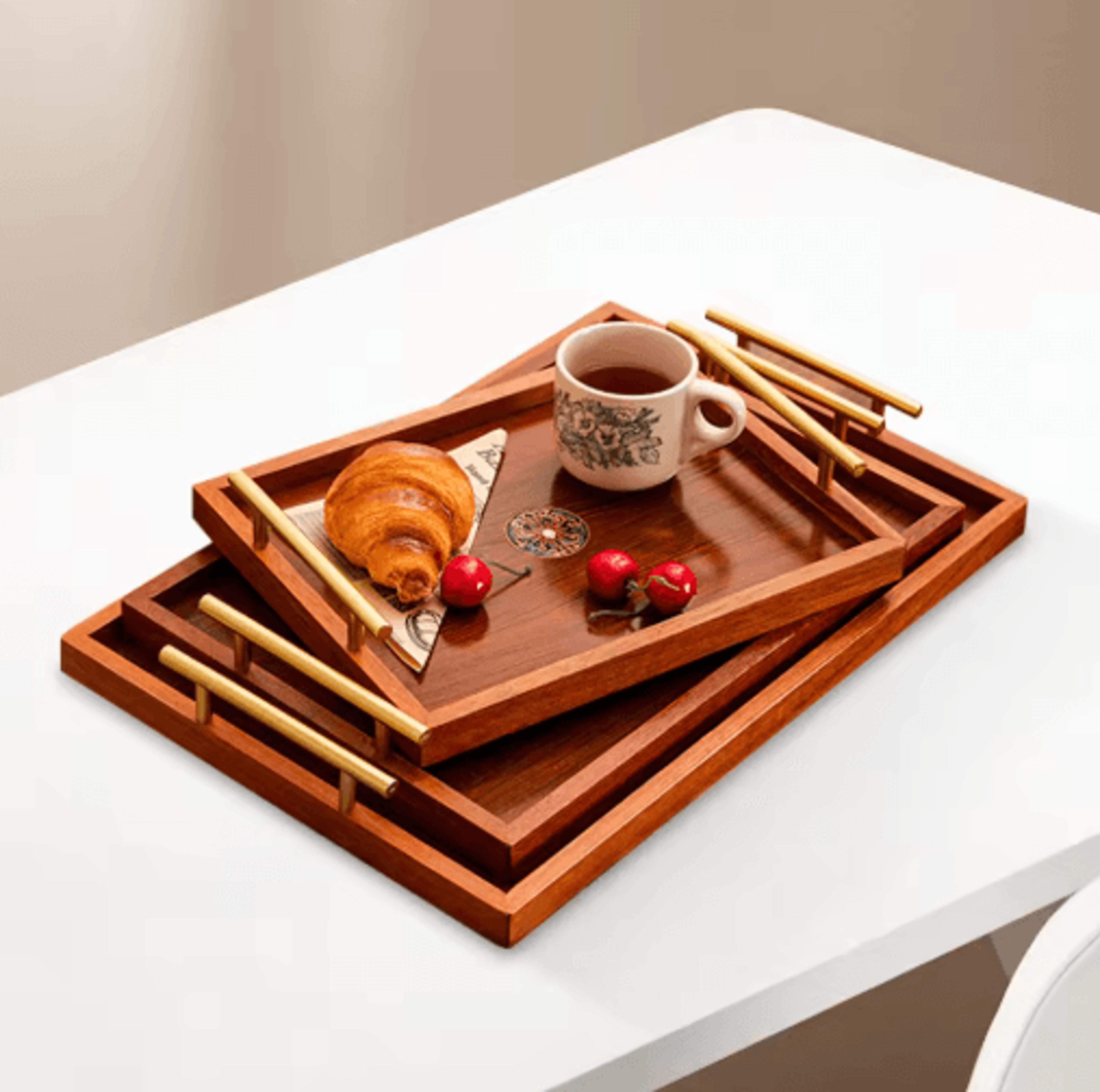 wooden serving tray set 3 piece breakfast party and storage trays with metal handles brown