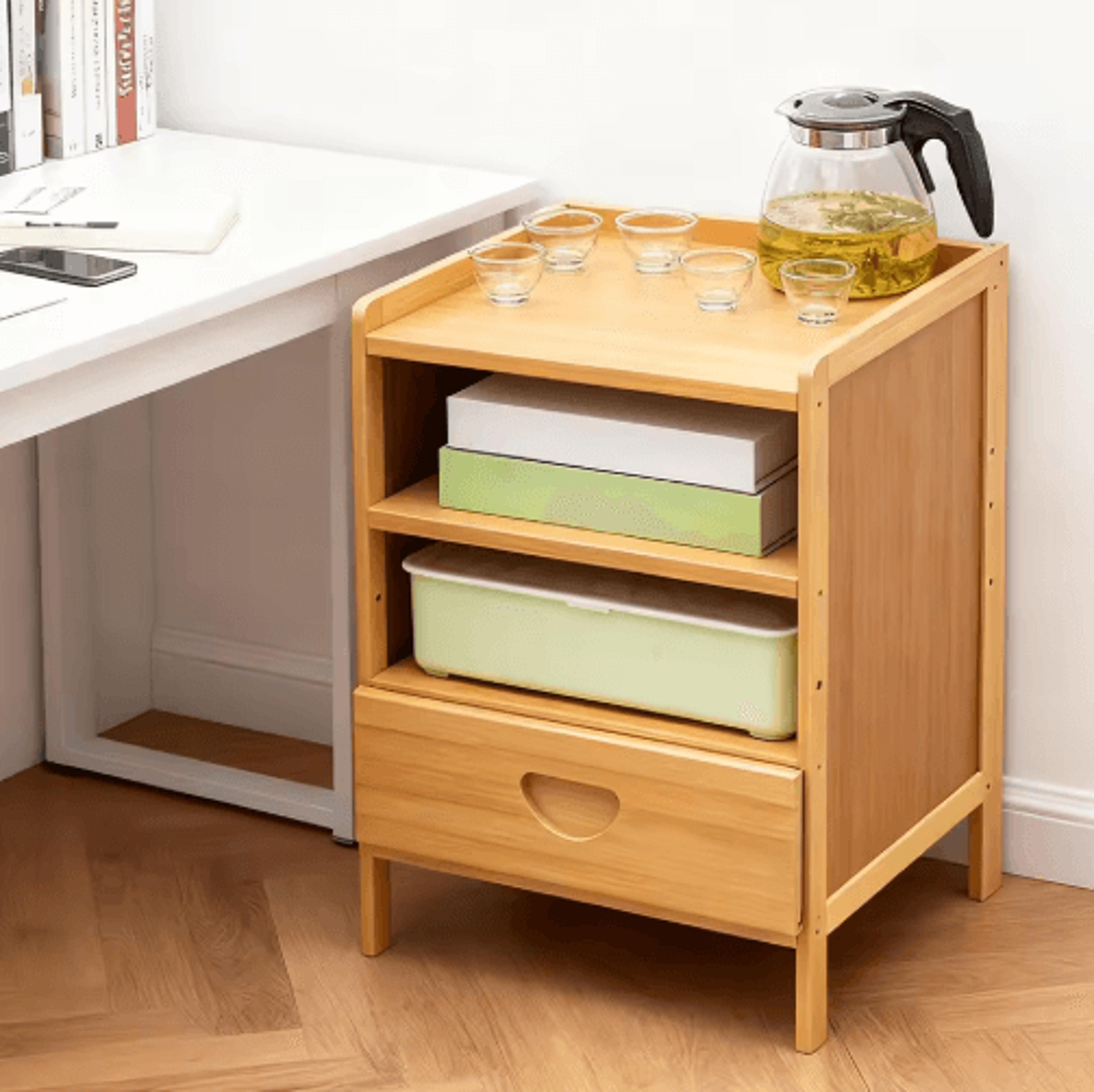 Bamboo Nightstand Storage Cabinet Space Saving Drawer And Shelf Organizer 8