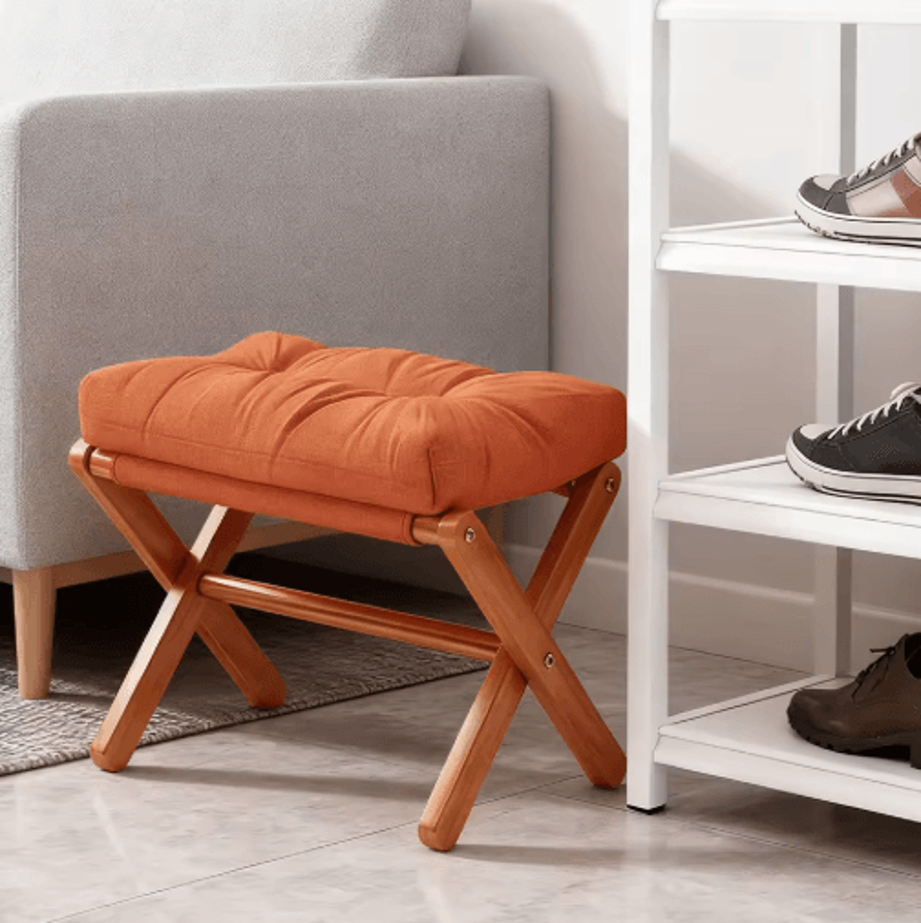 Folding Bamboo Leg Upholstered Foot Stool Soft Pad Ottoman For Living Room Desk Vanity Brown 5