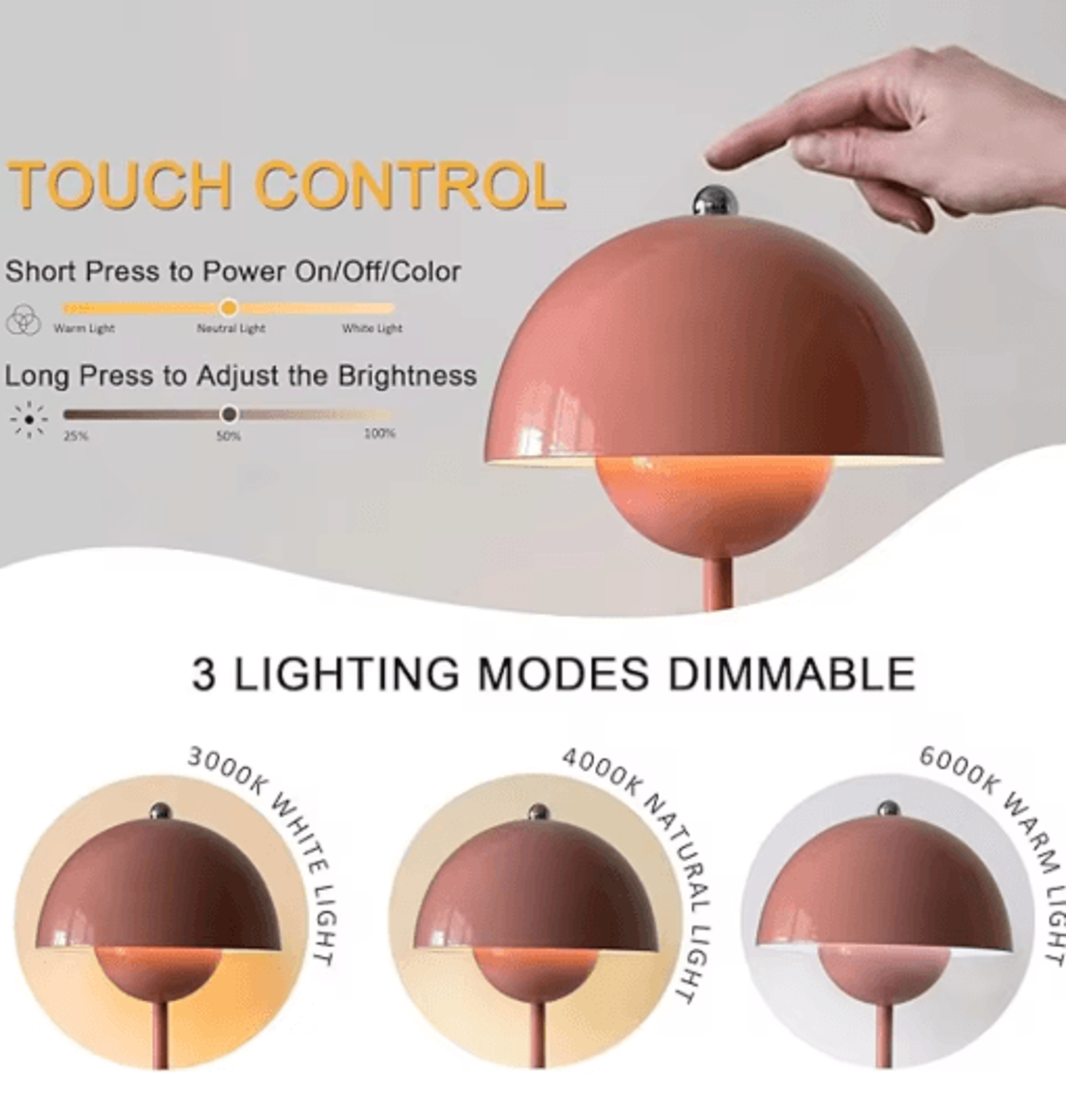 USB Rechargeable LED Flower Bud Desk Lamp Touch Control Three Color Ambient Light 3