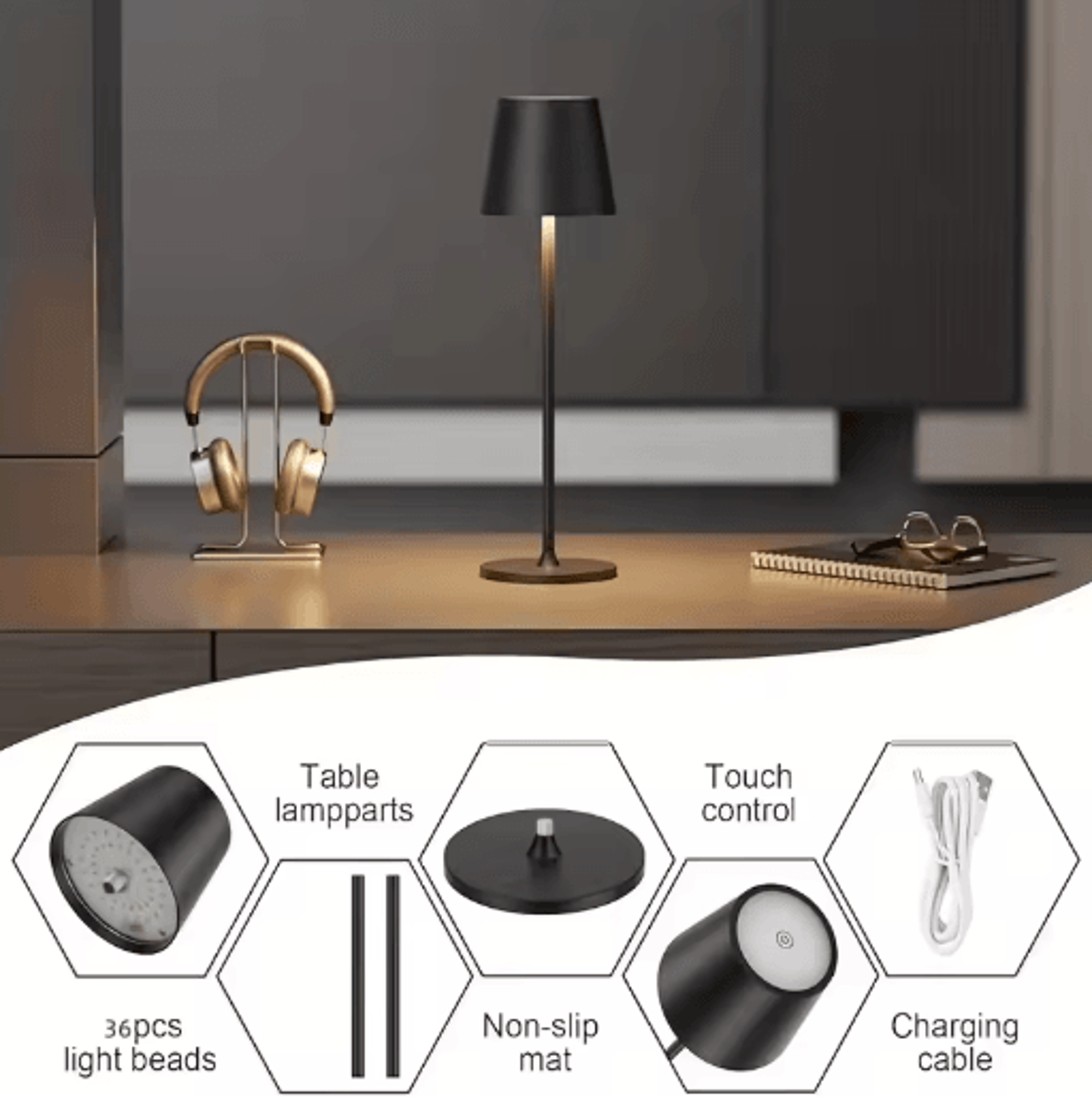 LED Cordless Table Lamp Portable Rechargeable Night Light With 3 Color Stepless Dimming 11