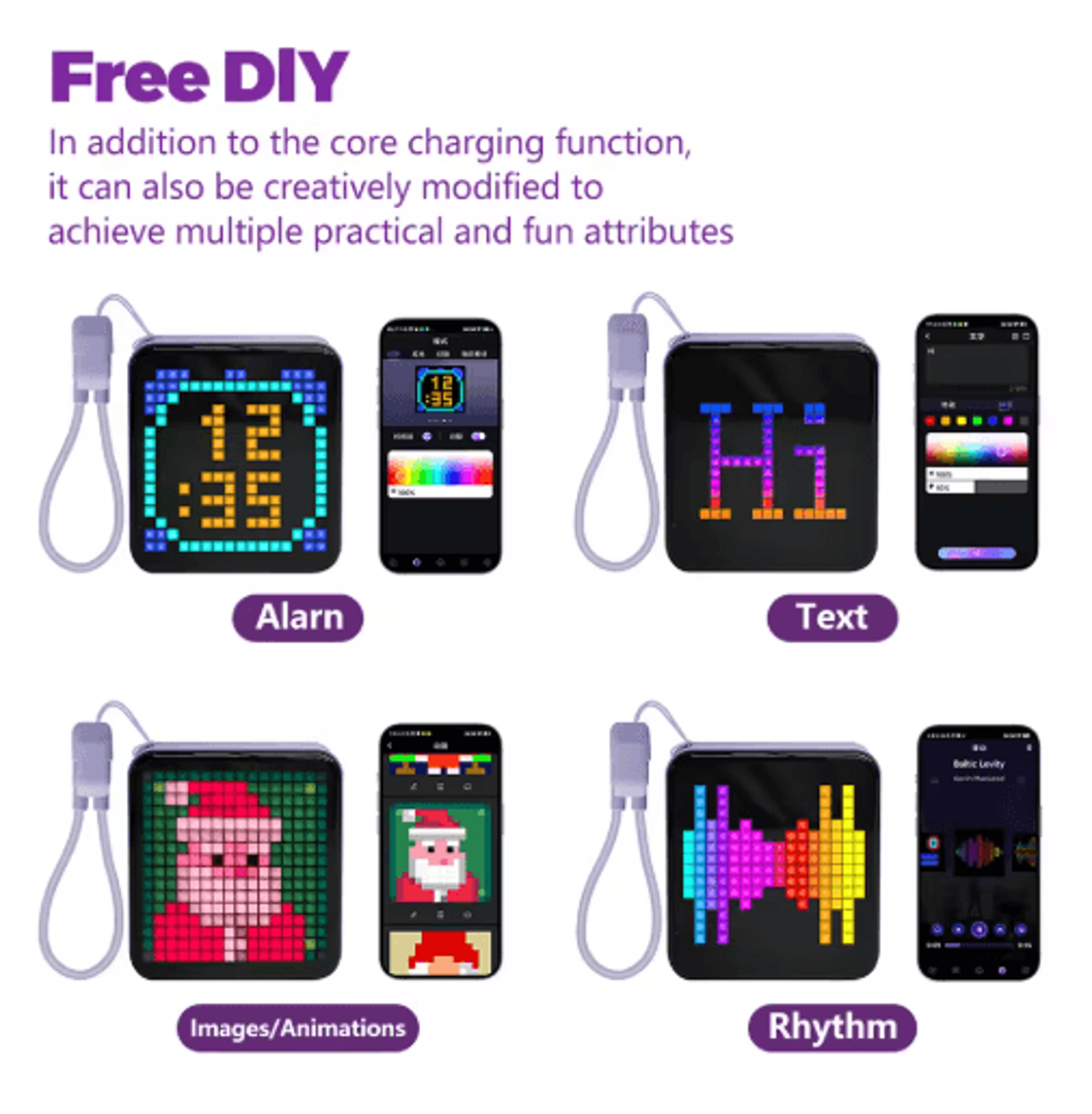 LED Pixel Display Night Light Bluetooth App Control DIY Table Lamp With Alarm Clock 5000mAh 7