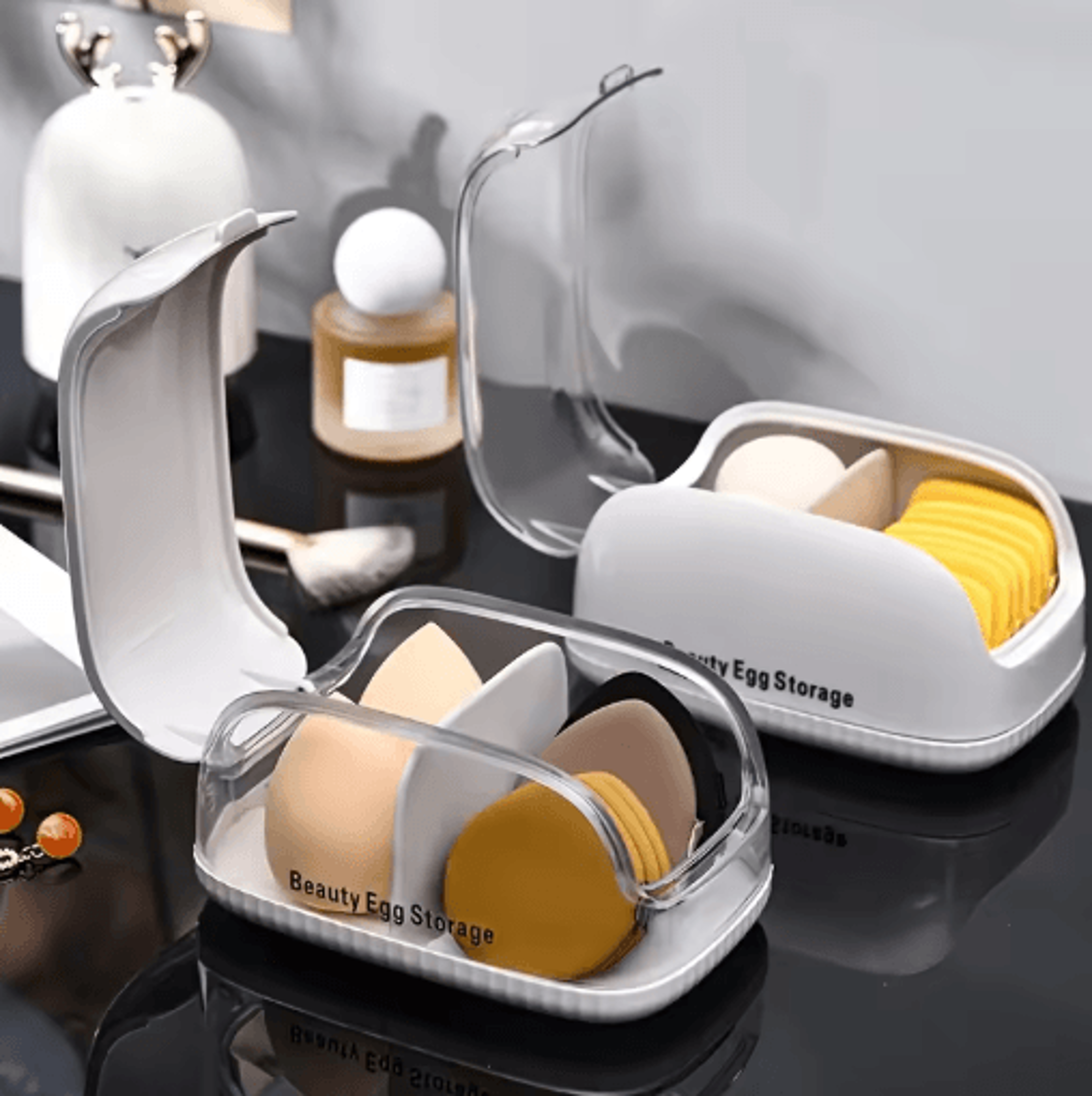 transparent makeup sponge holder – dustproof plastic beauty organizer with lid