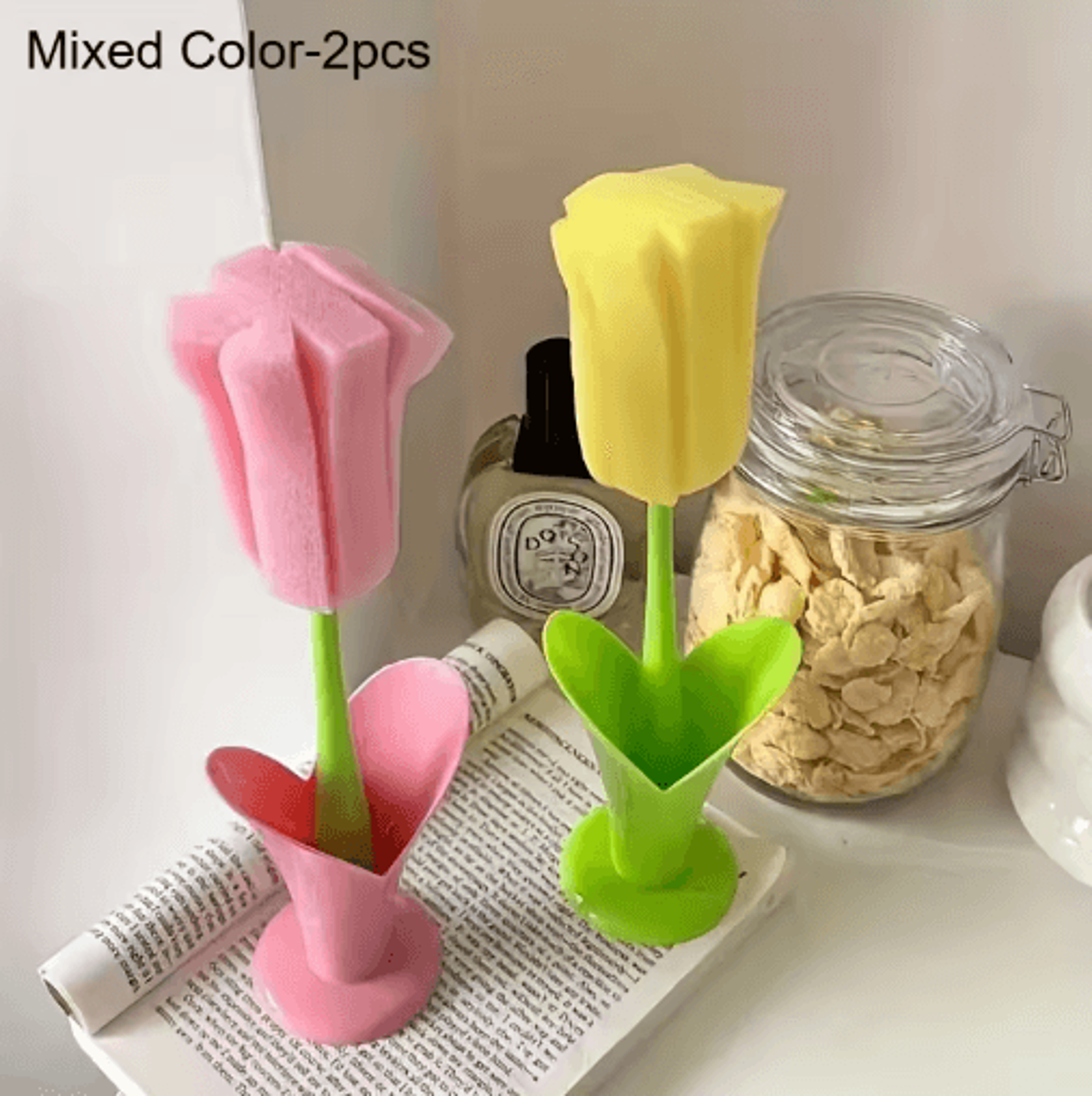 Tulip Cup Cleaning Brush With Detachable Sponge Head 2Pack  Long Handle Bottle  Glass Cleaner 1