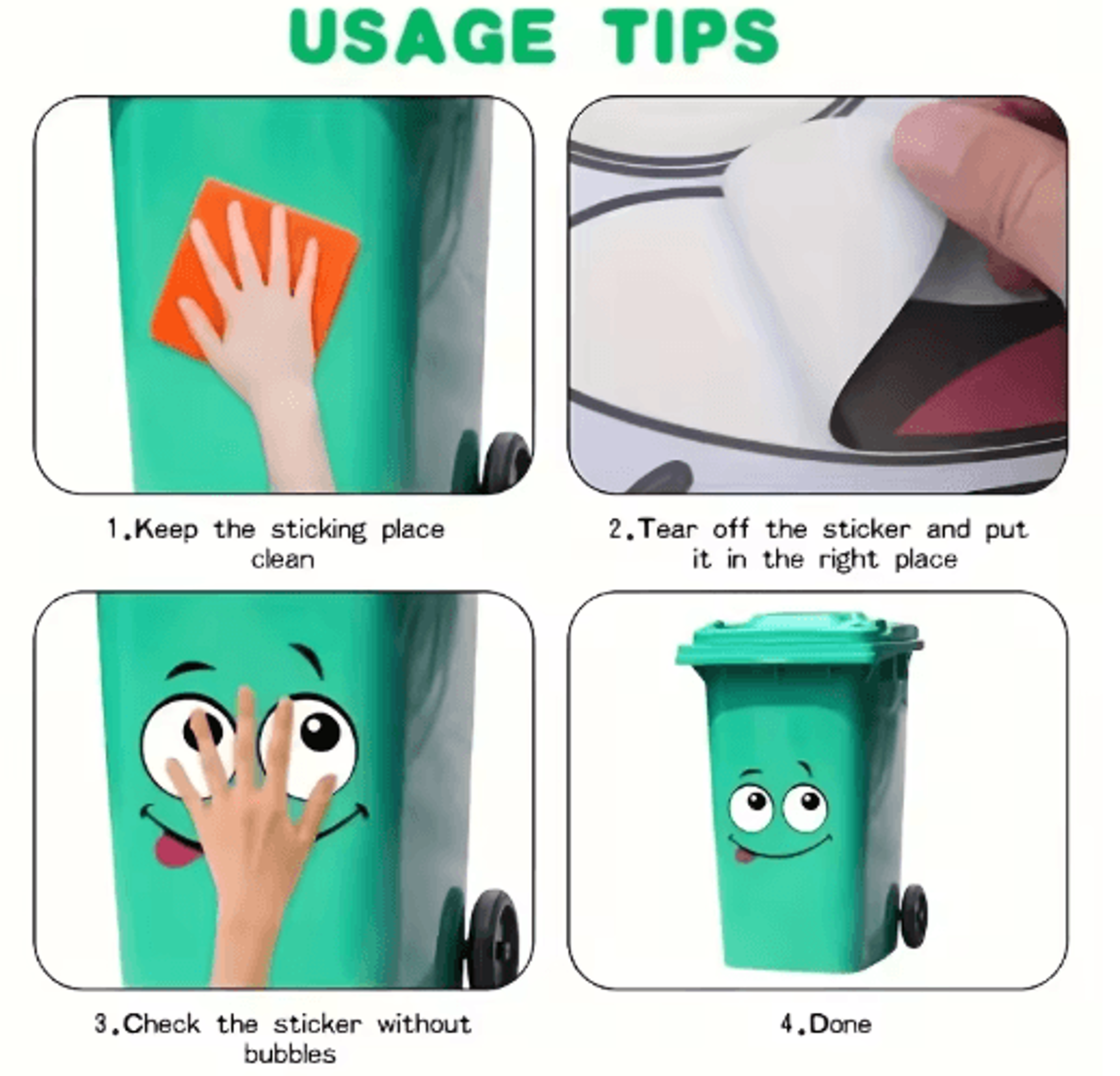 4Piece Cartoon Face Trash Can Stickers  Fun Waterproof PVC Decals For Home Decor 3