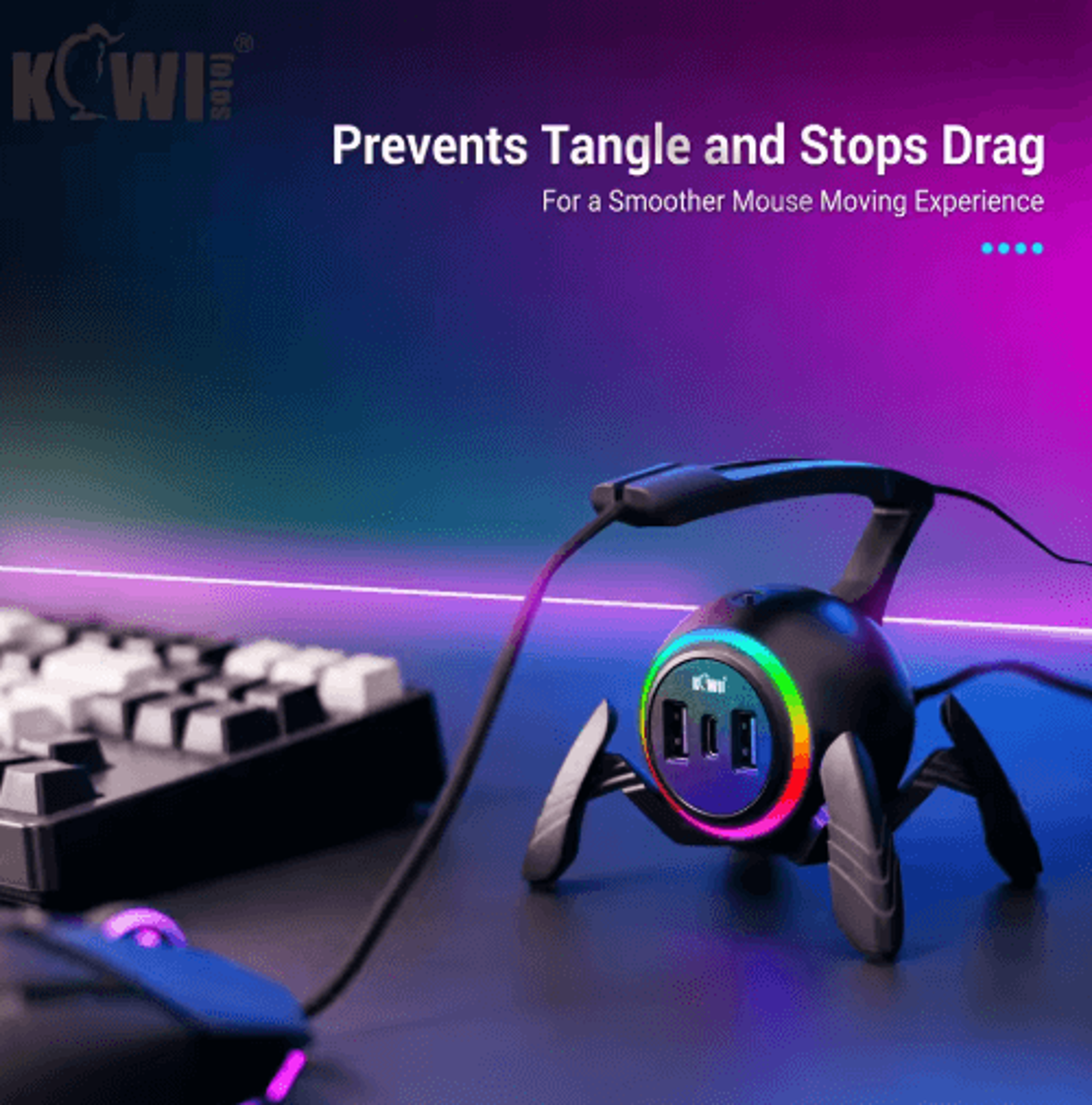 rgb mouse cord holder with usb & type-c ports – anti-winding gaming mouse bungee