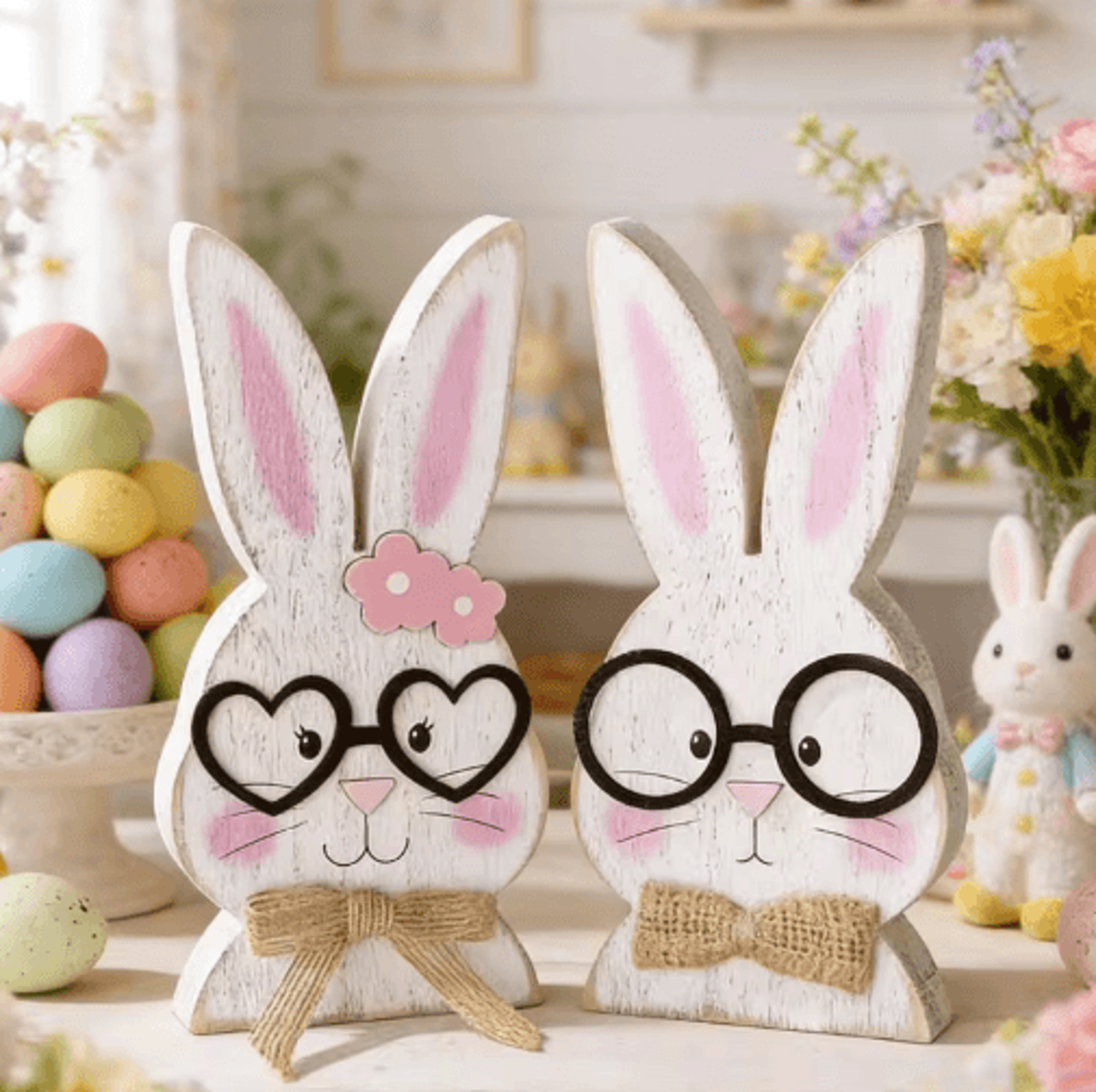 nordic rabbit couple easter decorations – 2-piece wooden ornament set