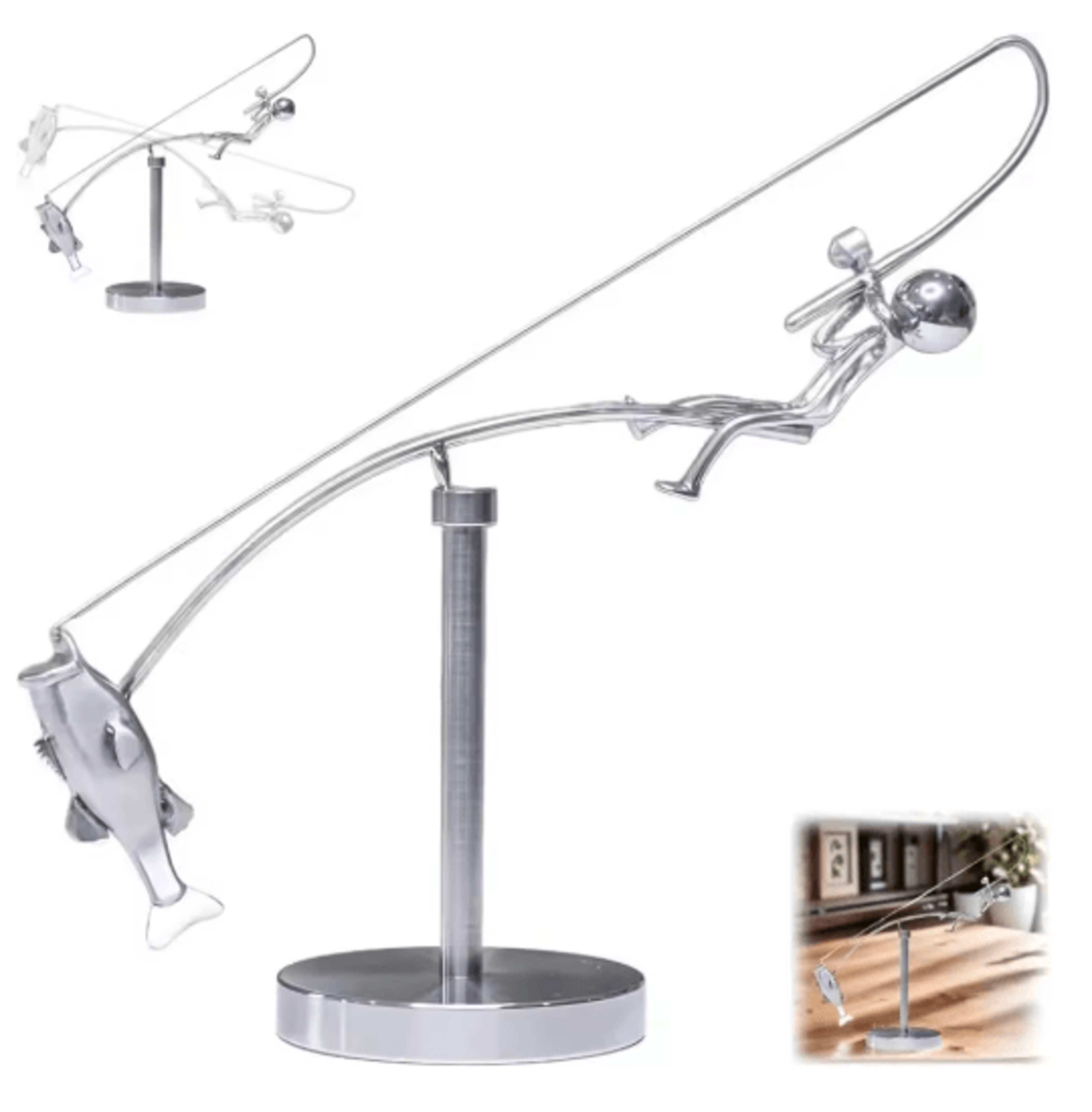 handmade kinetic fishing sculpture metal fisherman balancing desk ornament