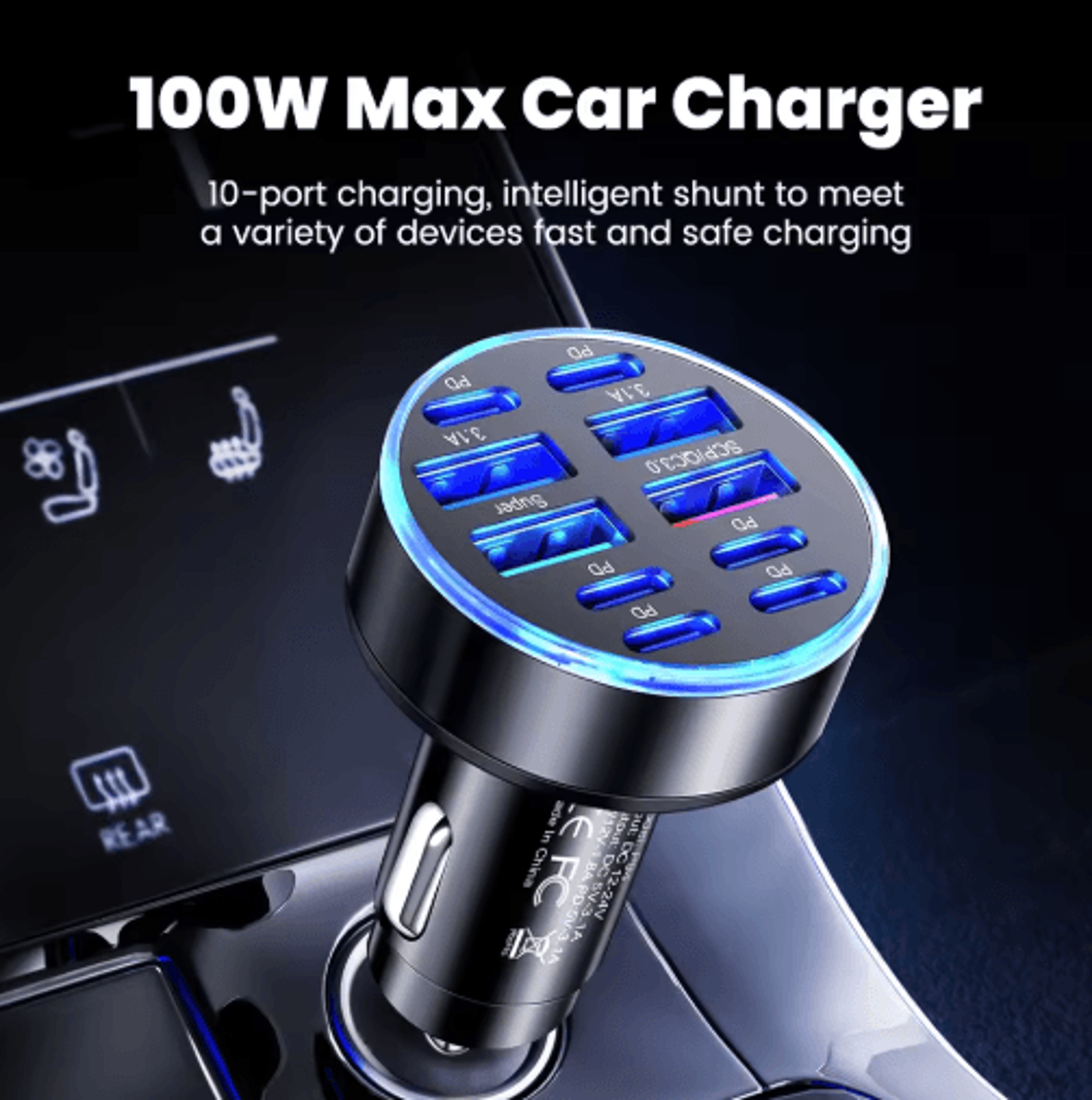 UltraFast 10Port 100W Car Charger With 4 USB  6 PD Power Delivery 5