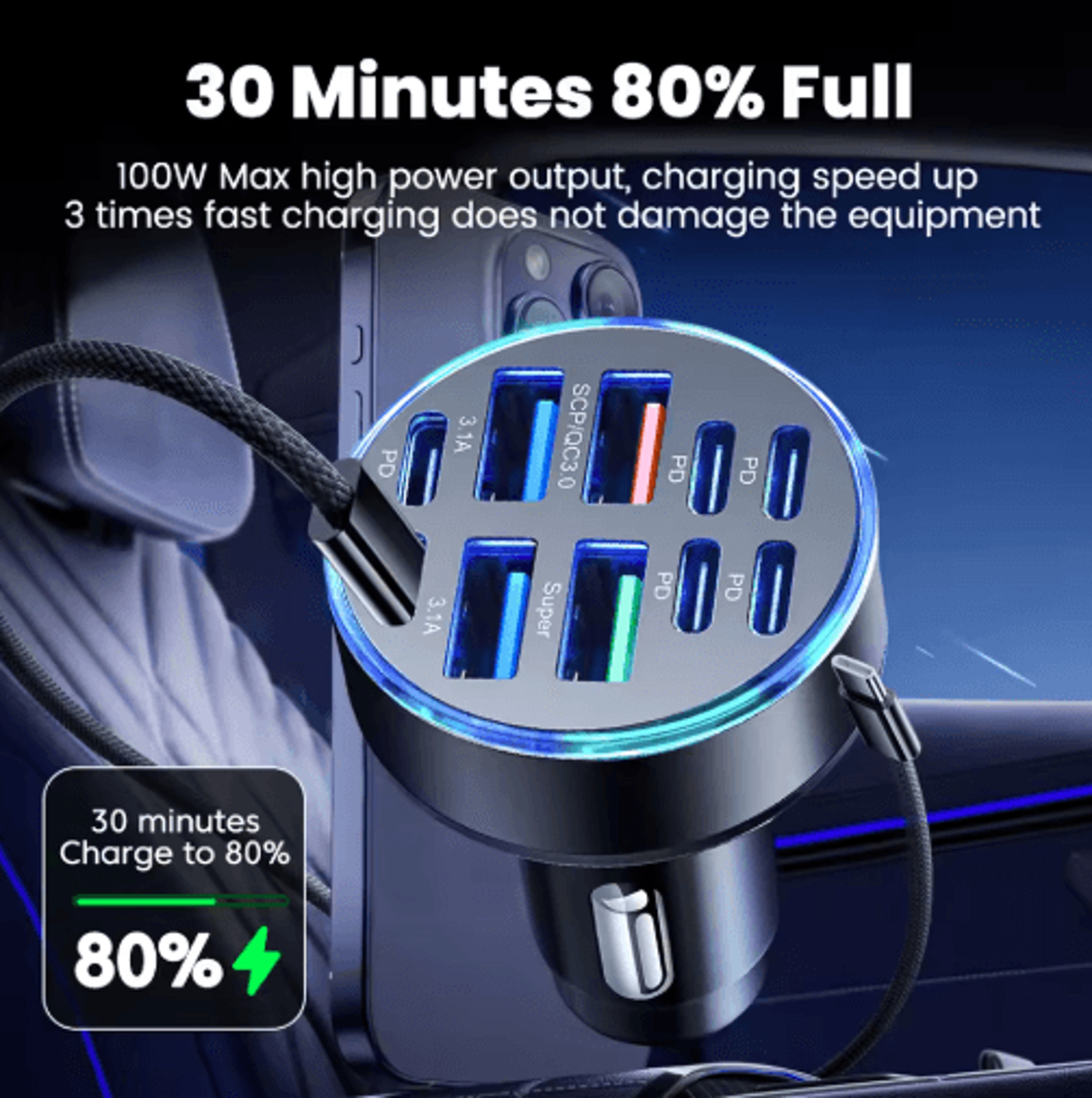 UltraFast 10Port 100W Car Charger With 4 USB  6 PD Power Delivery 6