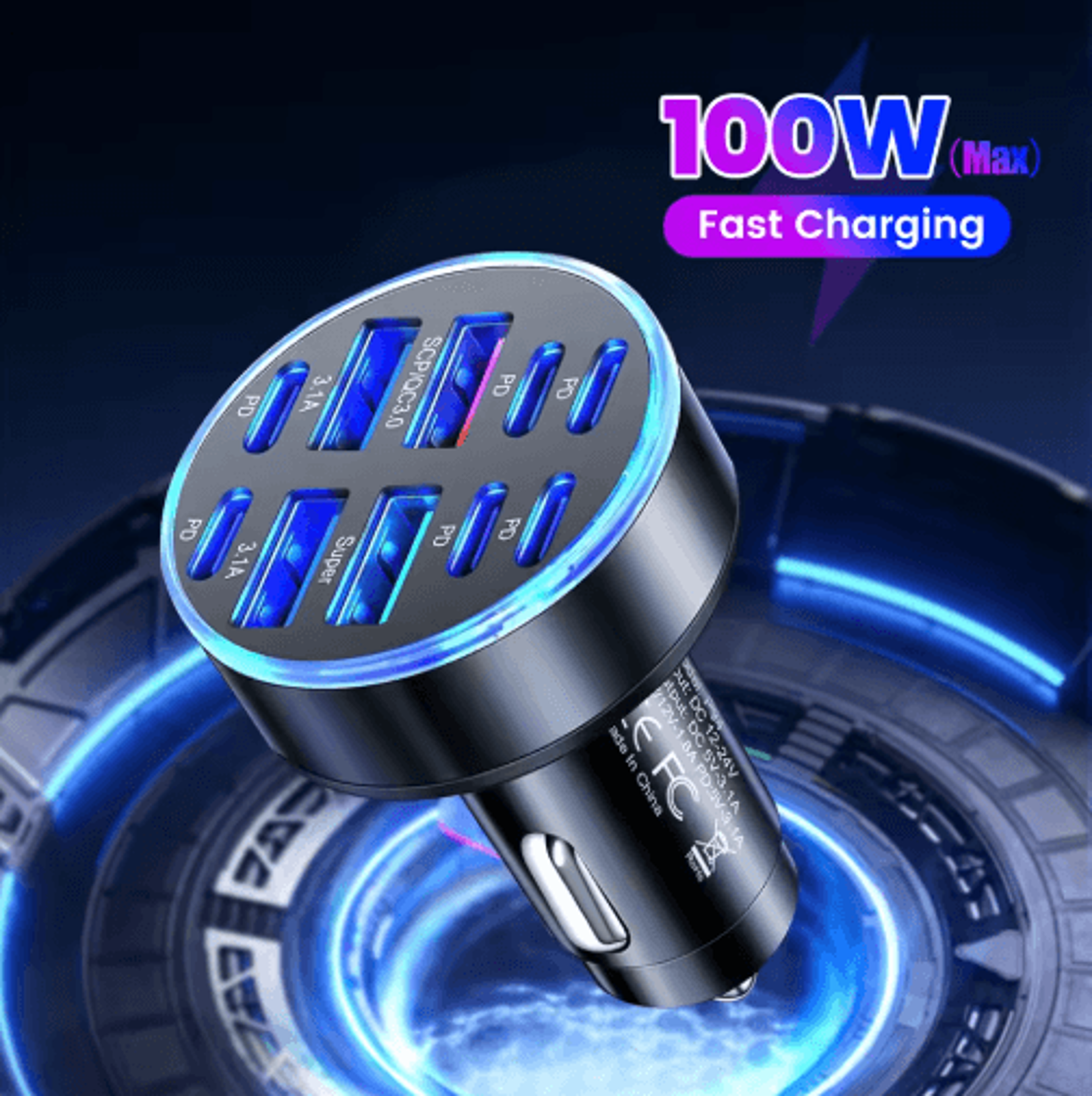 ultra-fast 10-port 100w car charger with 4 usb & 6 pd power delivery