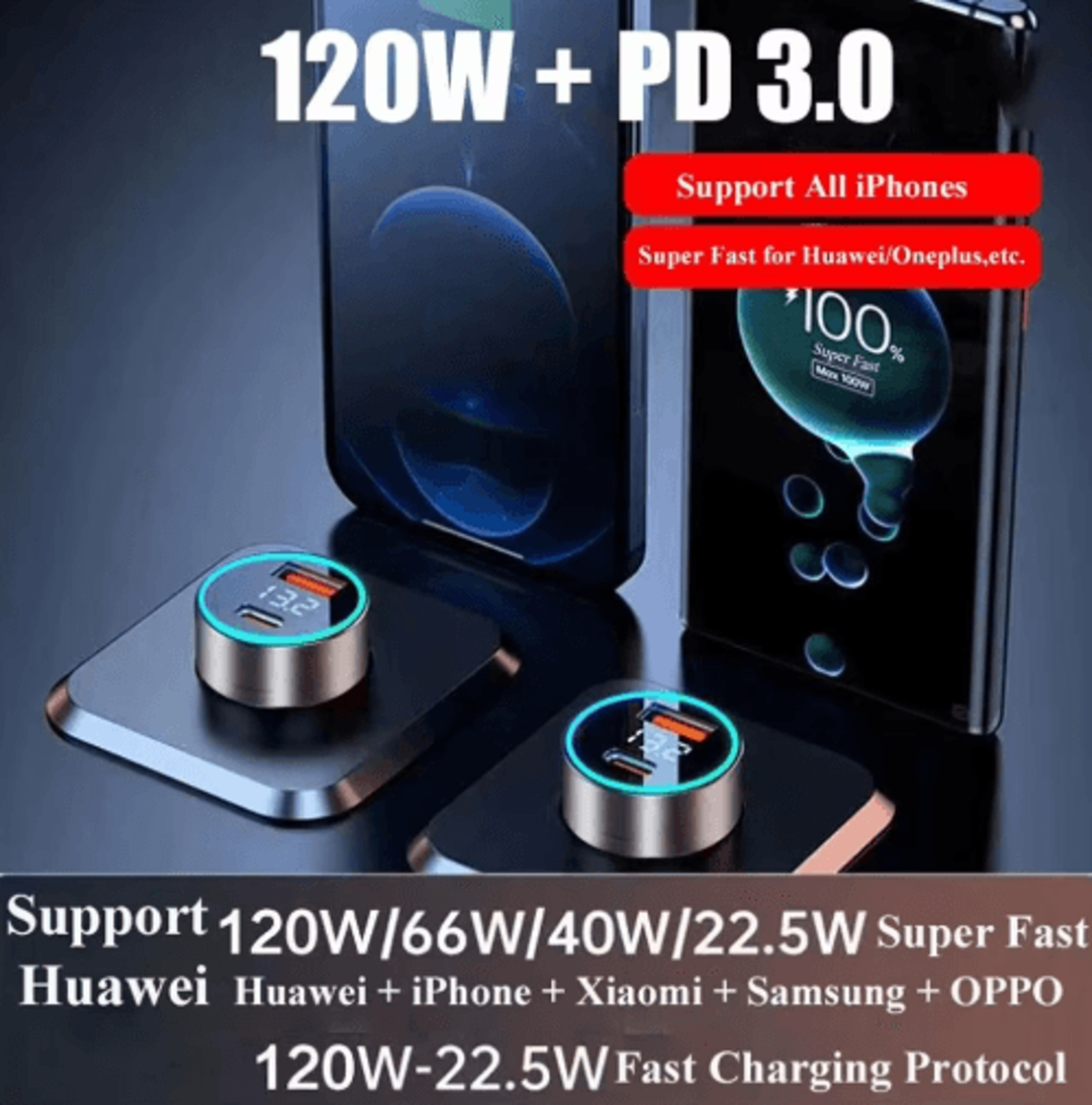 120W Dual Port Type C Car Charger Mini Fast Charging Adapter 2