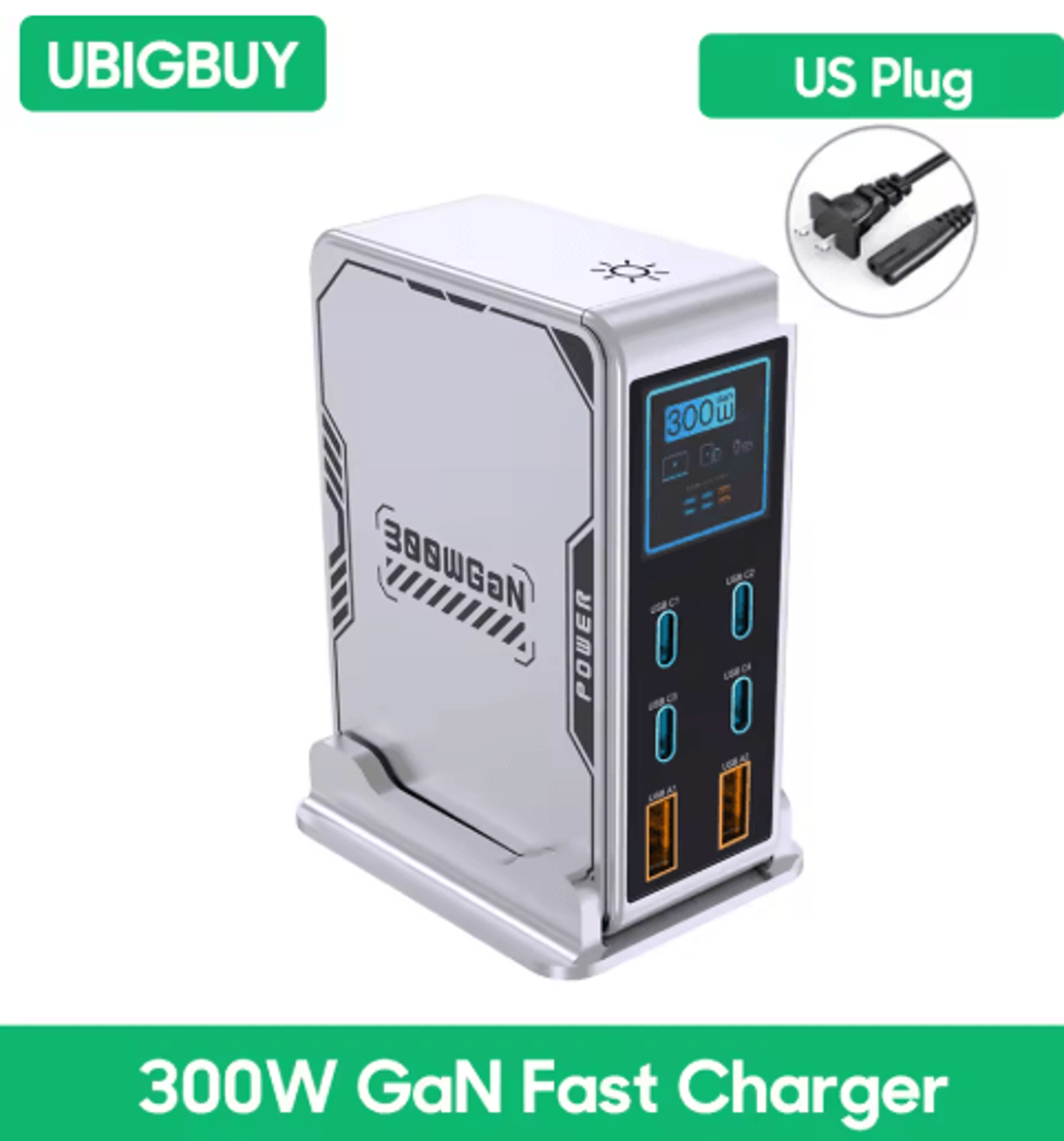 Ubigbuy 300W GaN 6 Port USBC Charging Station With PD 100W And Digital Display 11