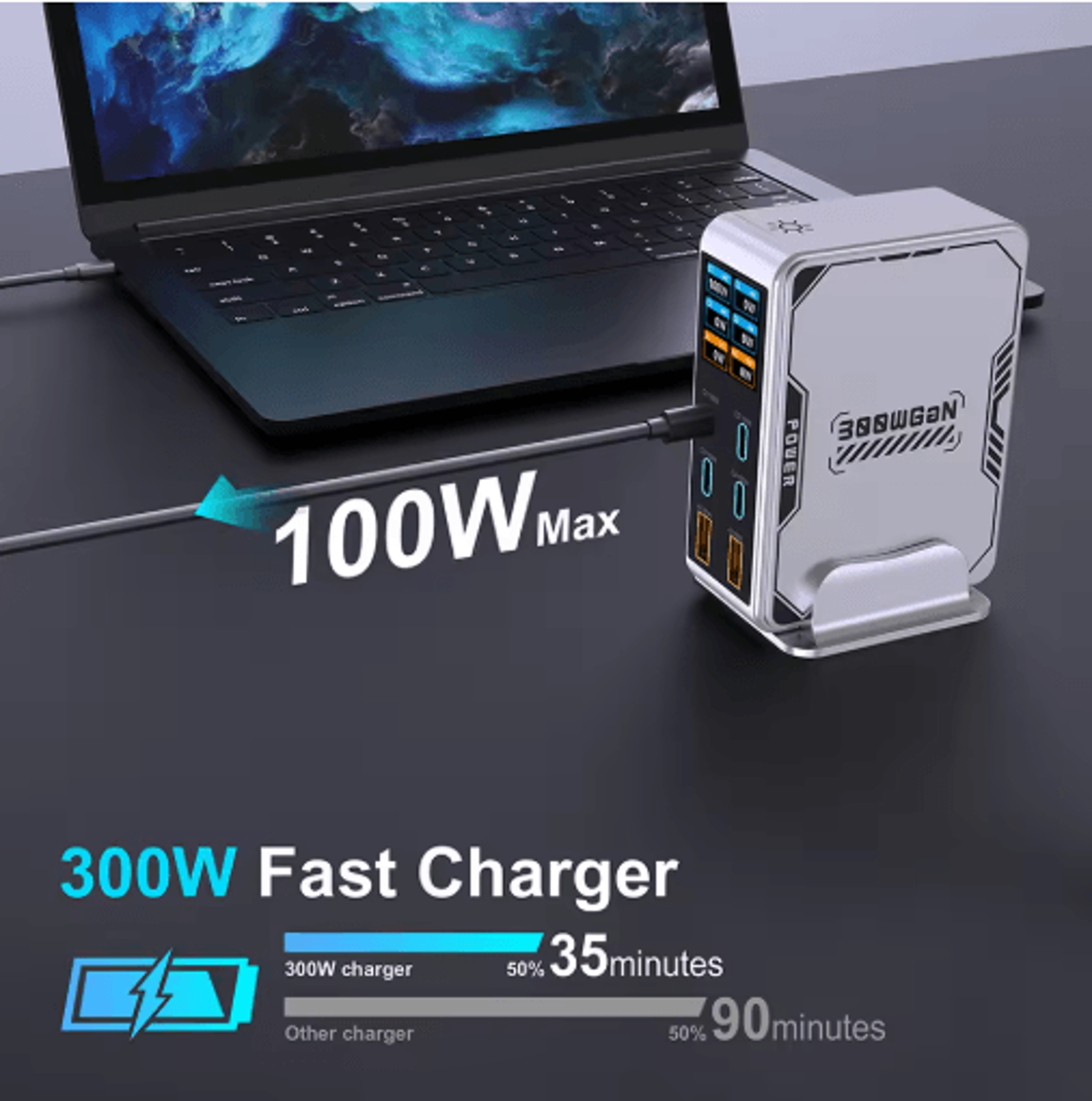 Ubigbuy 300W GaN 6 Port USBC Charging Station With PD 100W And Digital Display 14