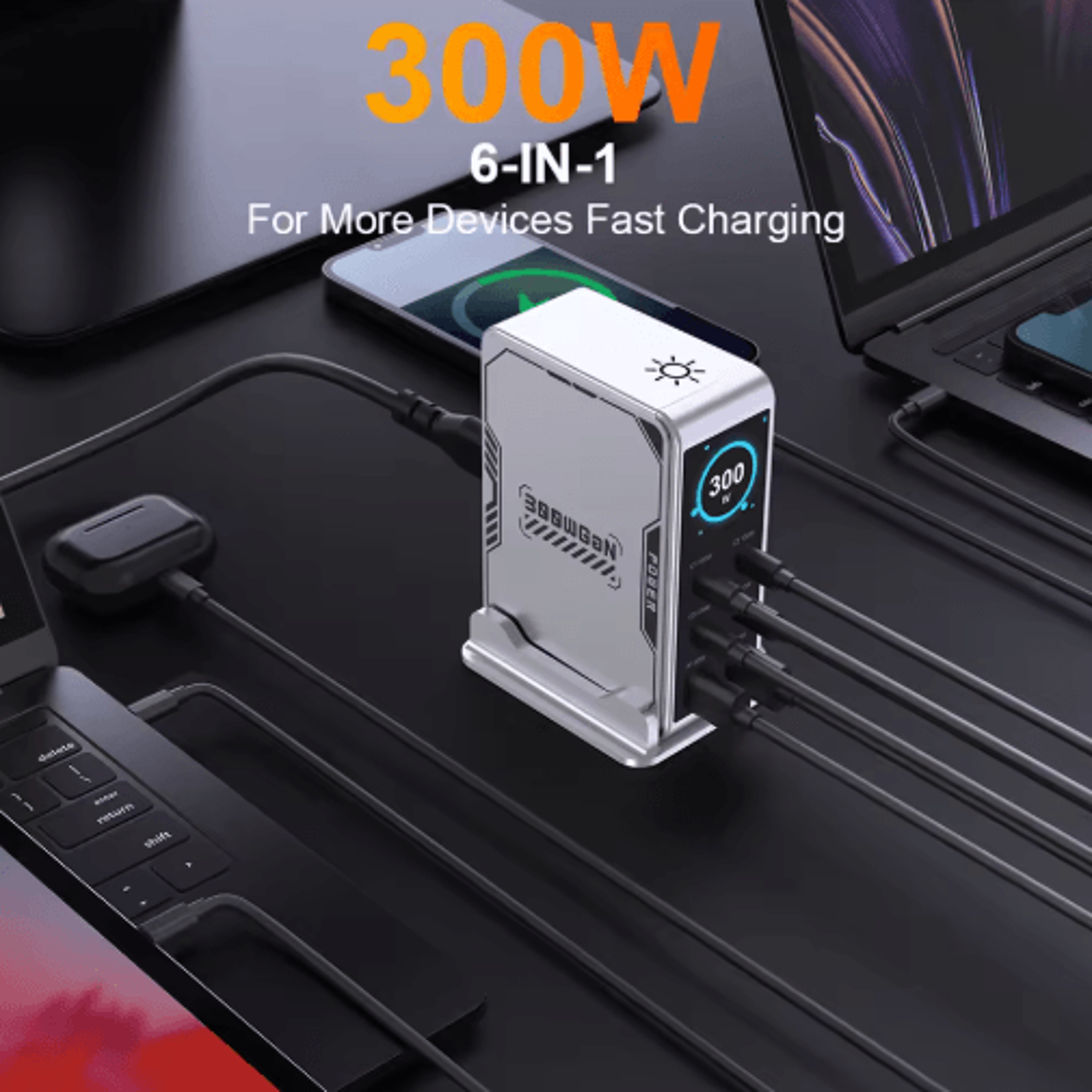 Ubigbuy 300W GaN 6 Port USBC Charging Station With PD 100W And Digital Display 15