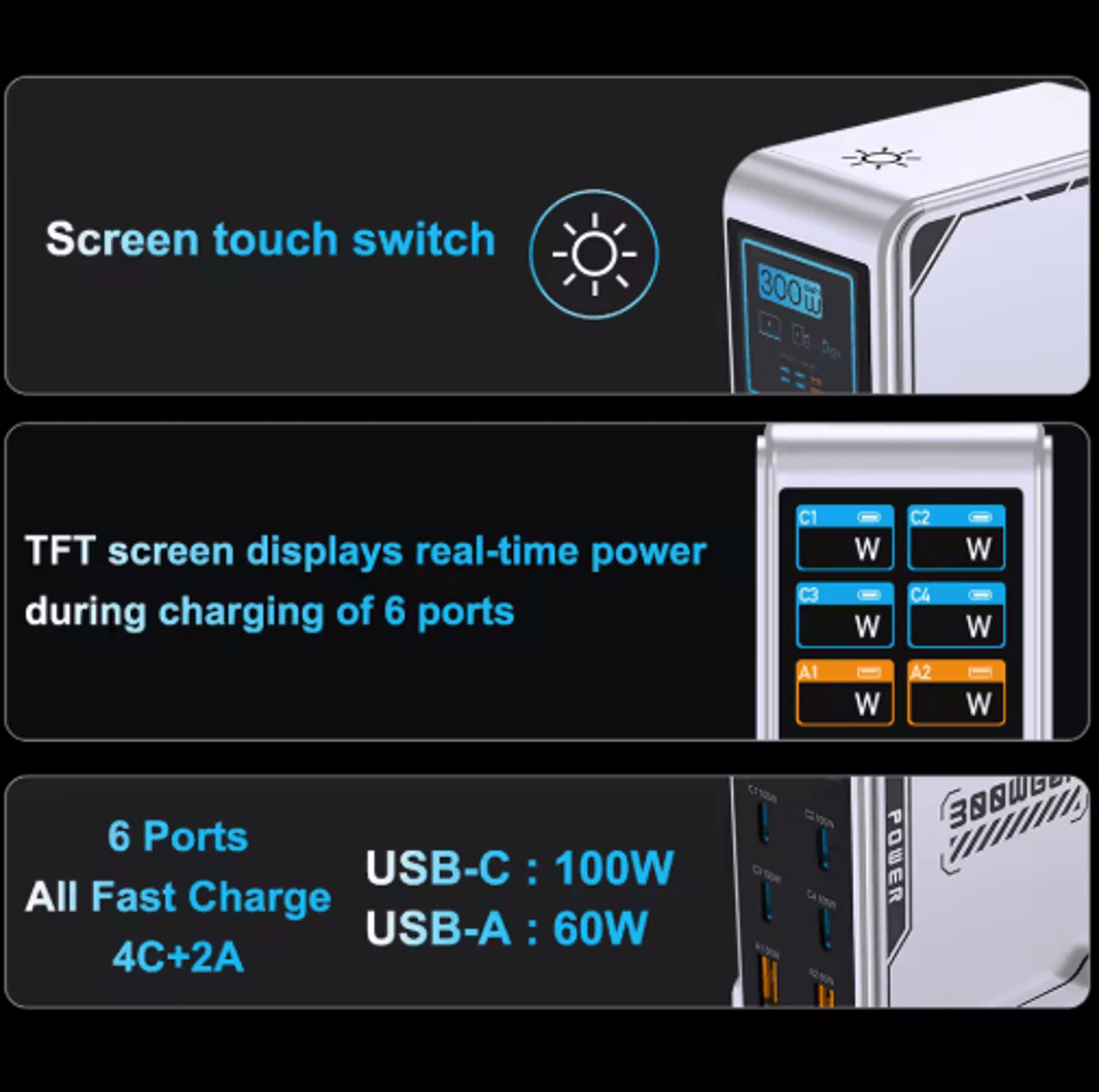 Ubigbuy 300W GaN 6 Port USBC Charging Station With PD 100W And Digital Display 16