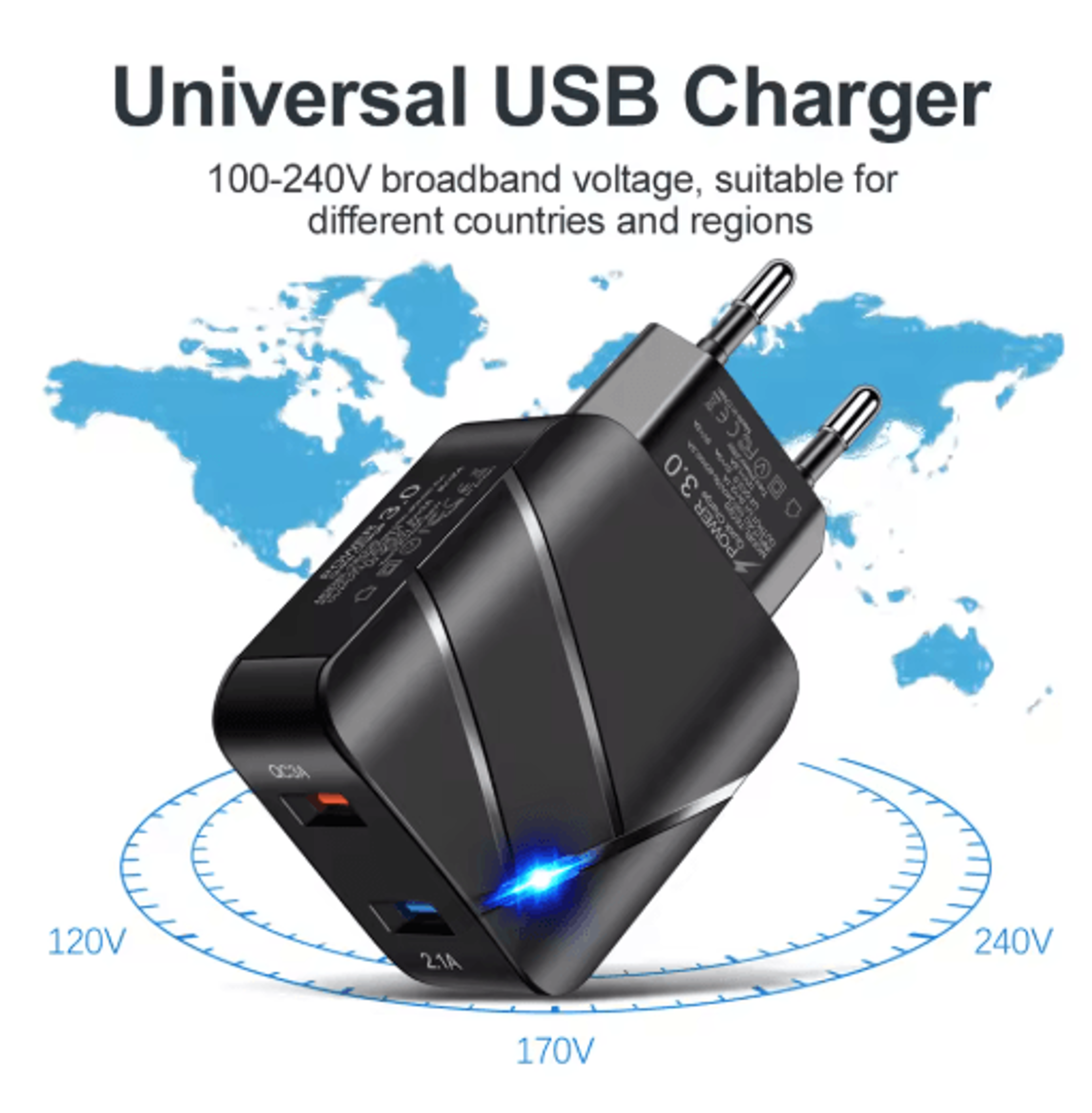 28W Dual USB QC30 Fast Charger With LED Light EU Plug 3