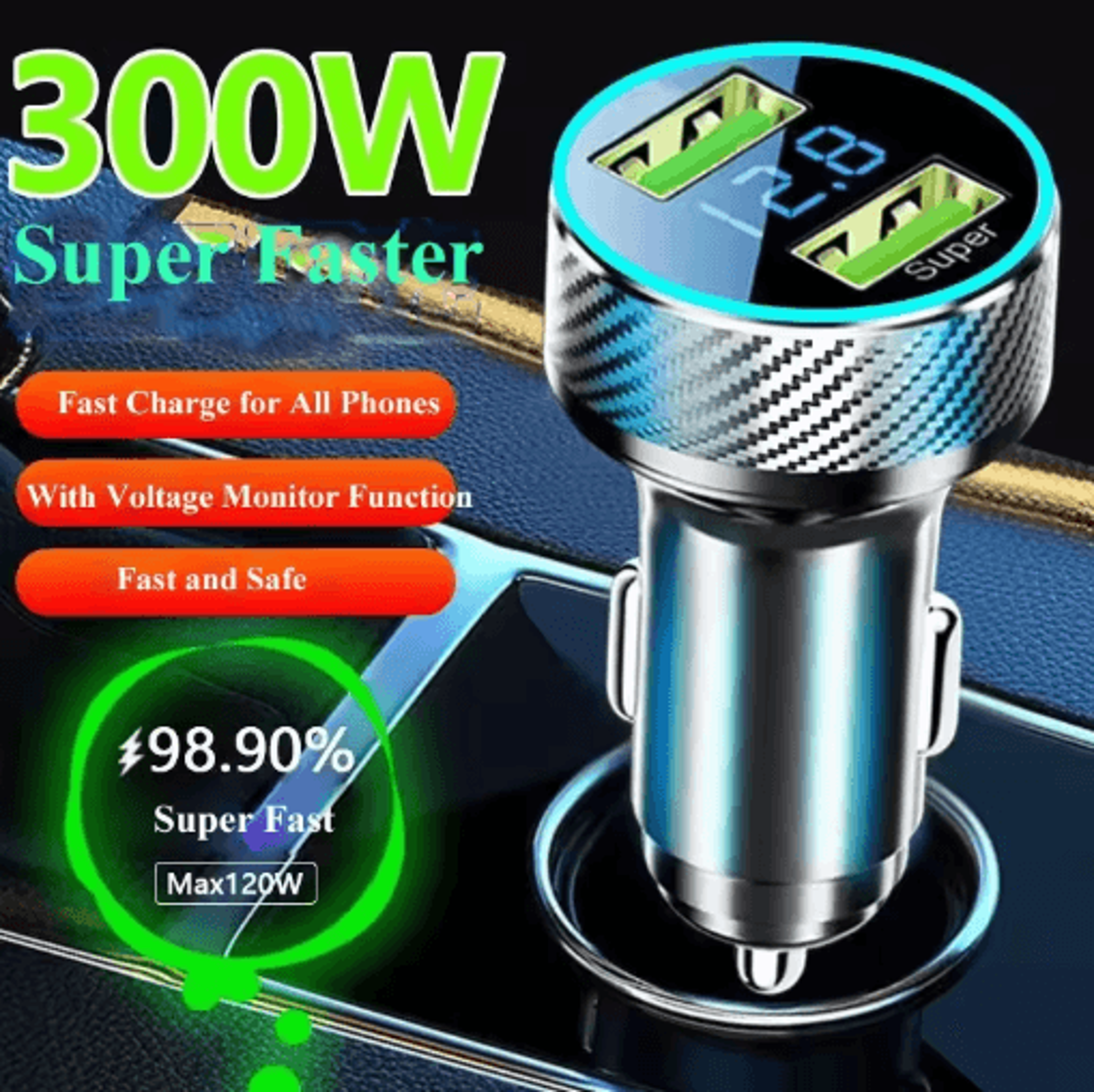 300w multi port usb car charger with voltage monitor