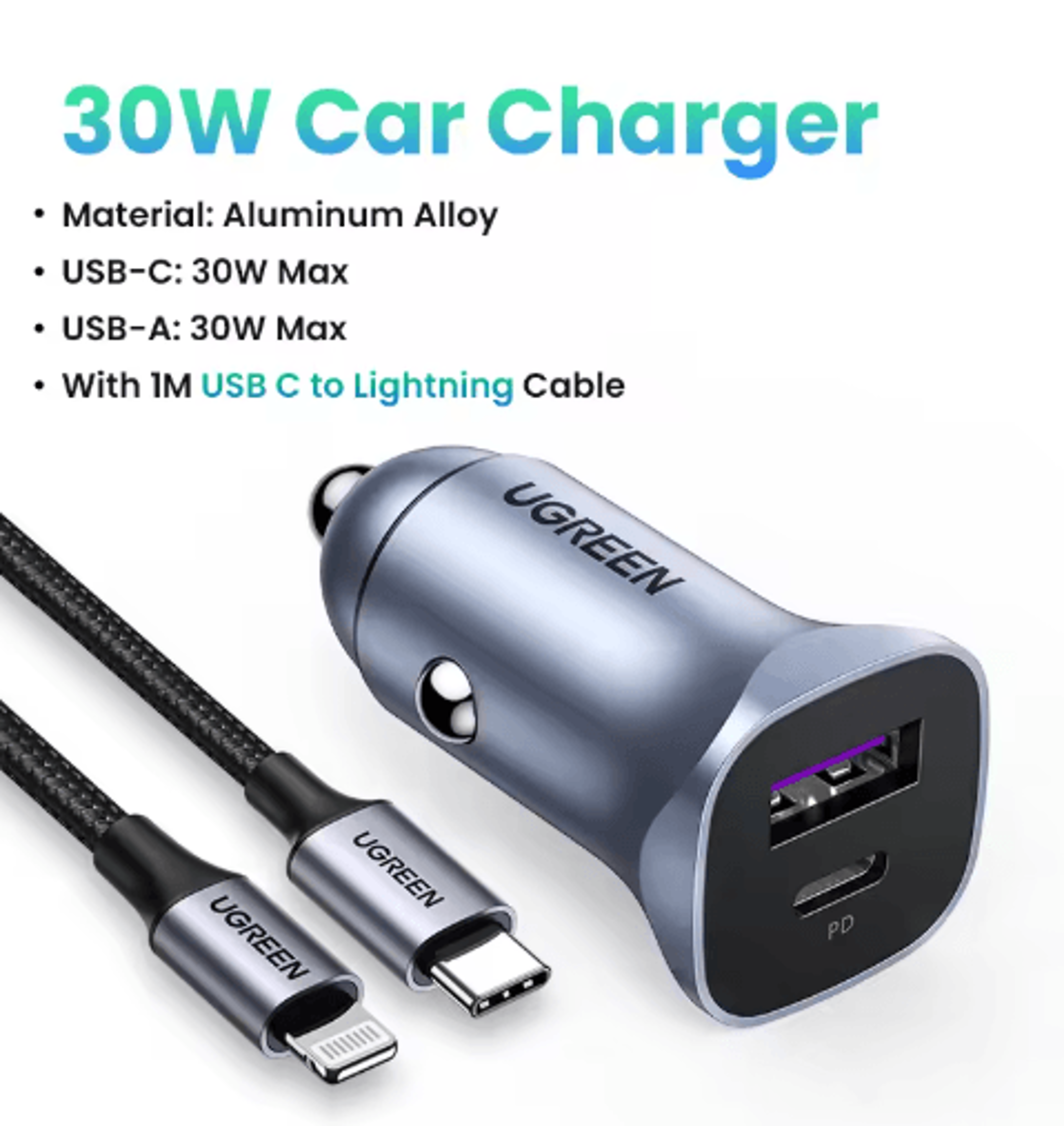 UGREEN Ultra Fast Car Charger USBC PD Quick Charge Adapter For IPhone  Xiaomi 2