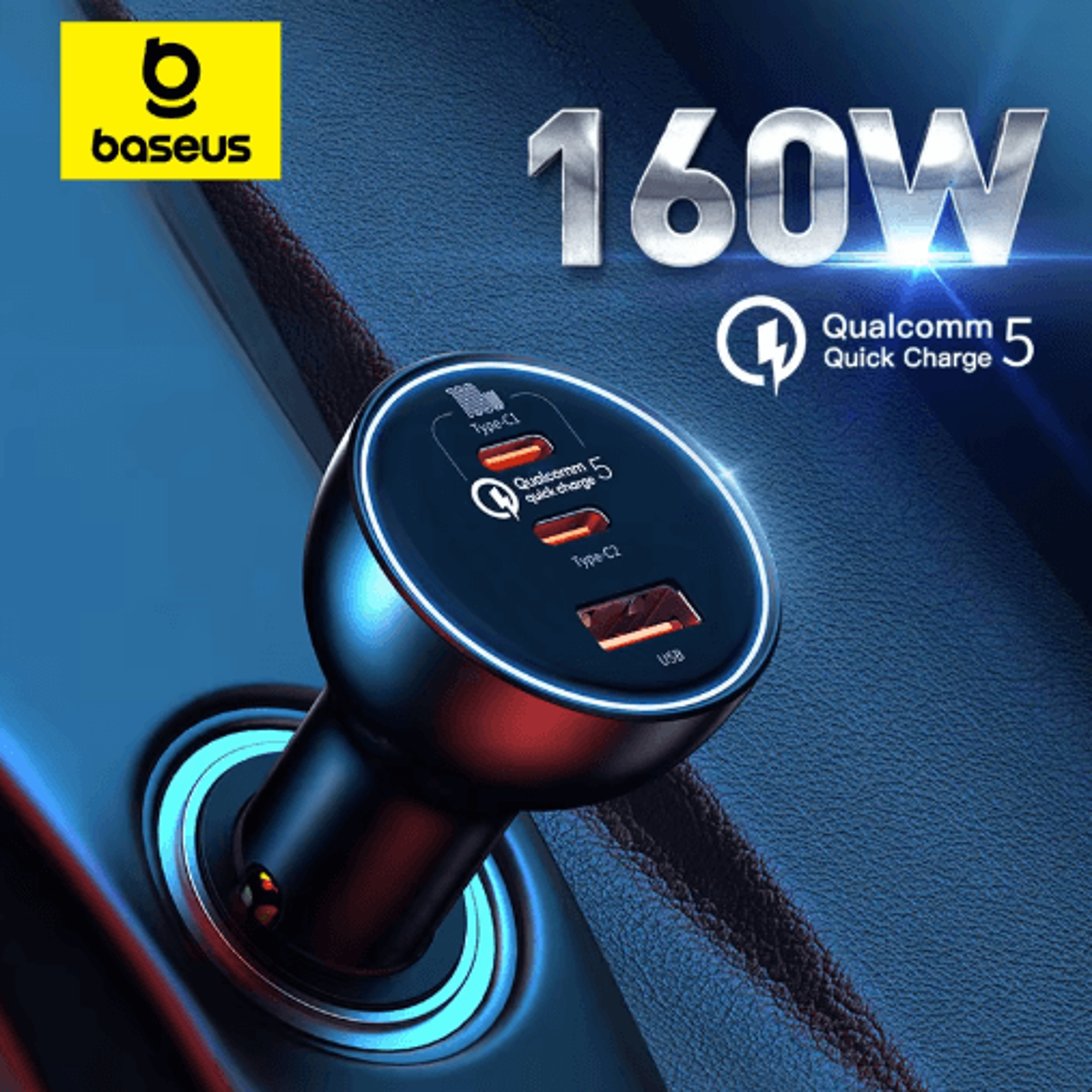 baseus 160w usb-c car charger qc 5.0 pd 3.0 pps fast charging adapter