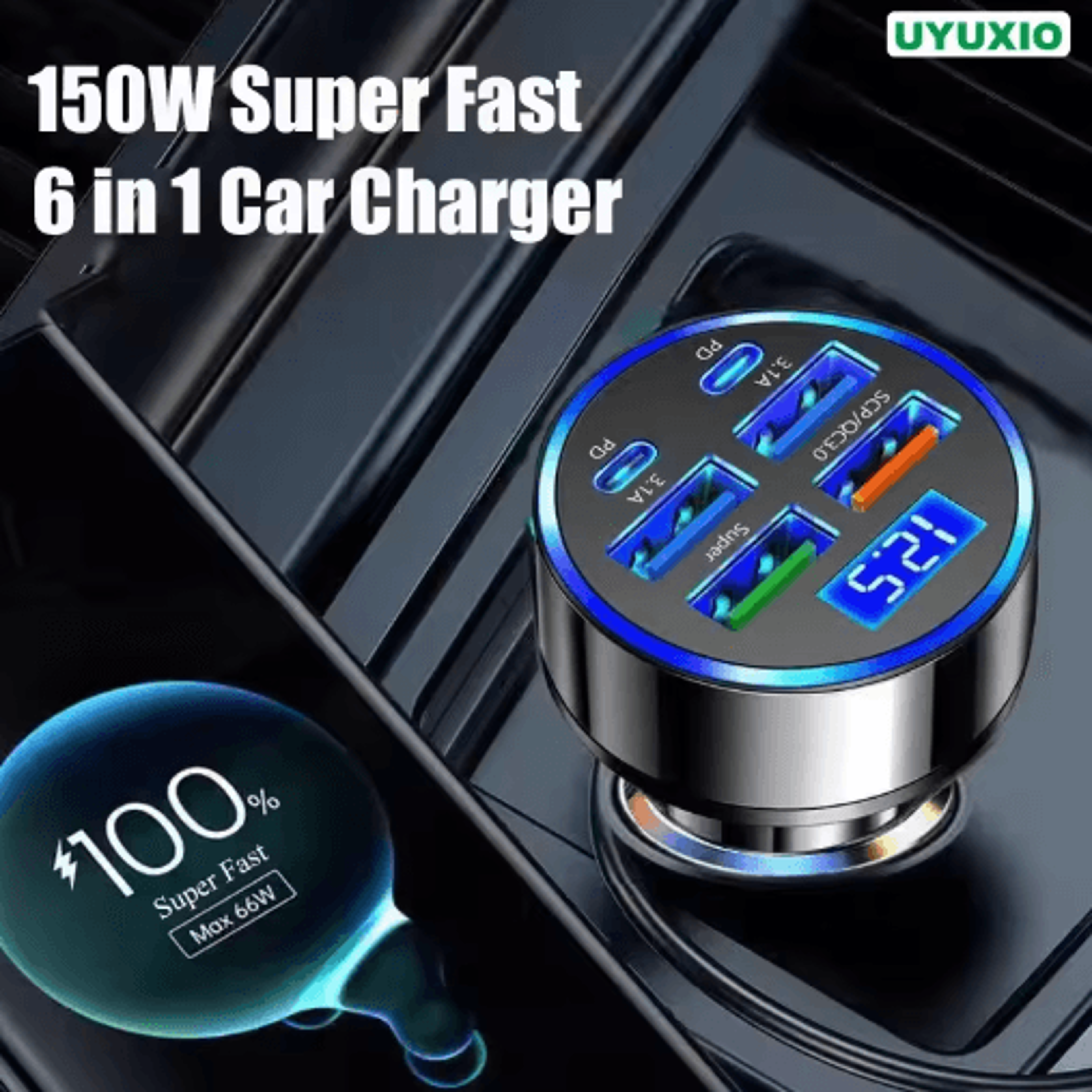 UYUXIO 6in1 USBC Car Charger With Dual PD  Voltage Display  Super Fast Charging Adapter 6