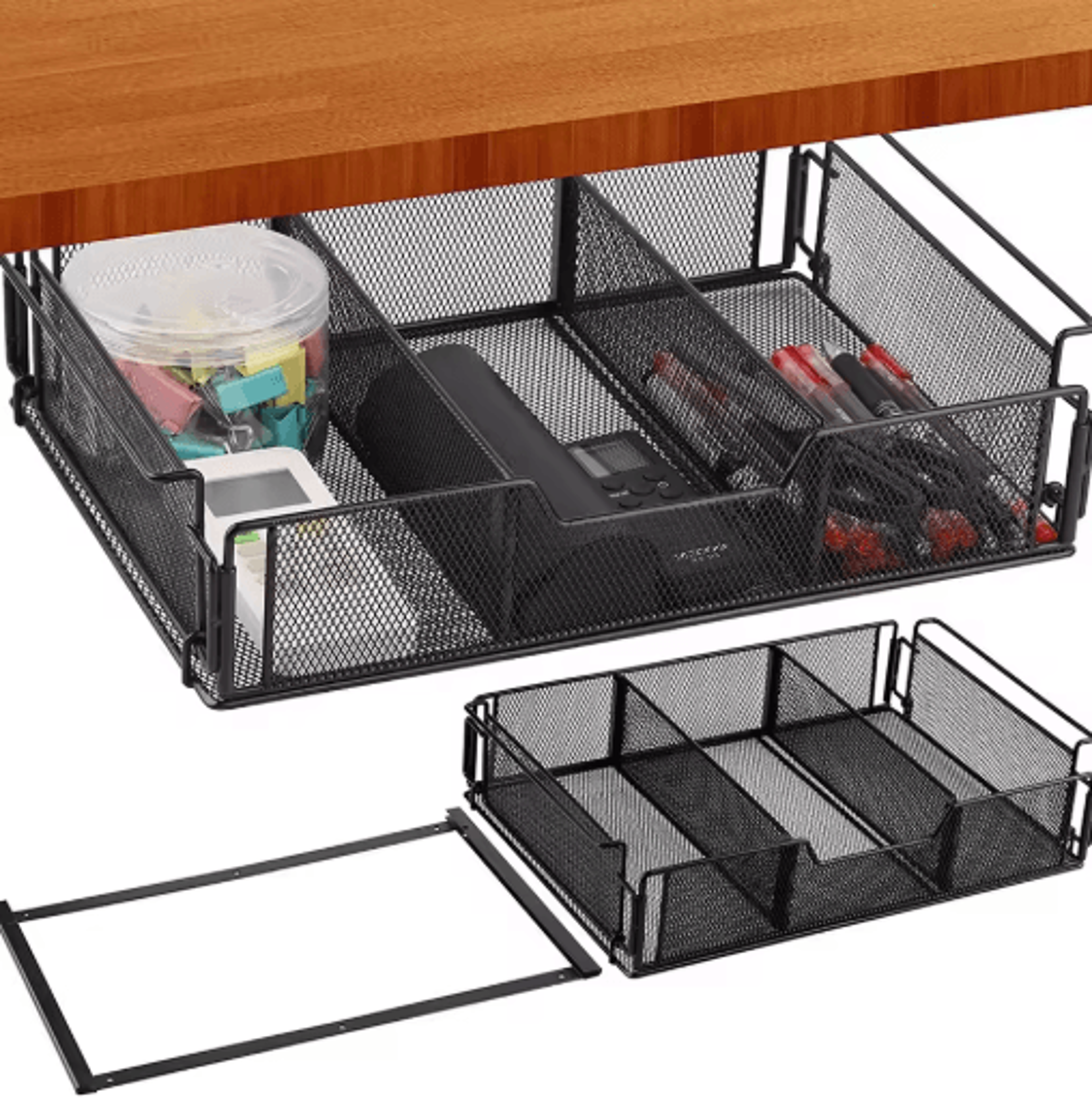 under desk drawer organizer set with black desktop storage basket