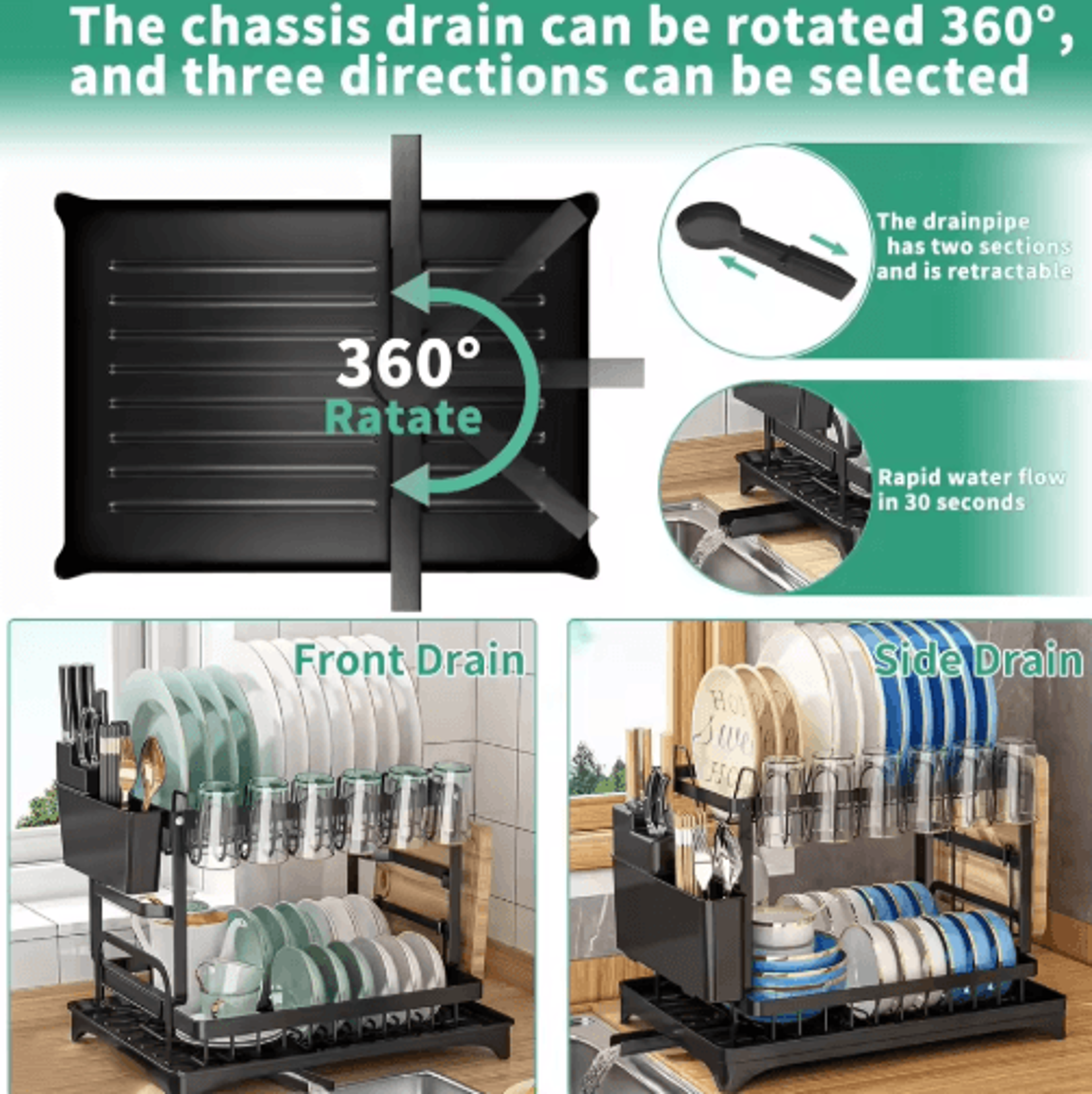 2 Tier Kitchen Countertop Dish Drying Rack With Drip Tray Metal Space Saving Dish Drainer 6