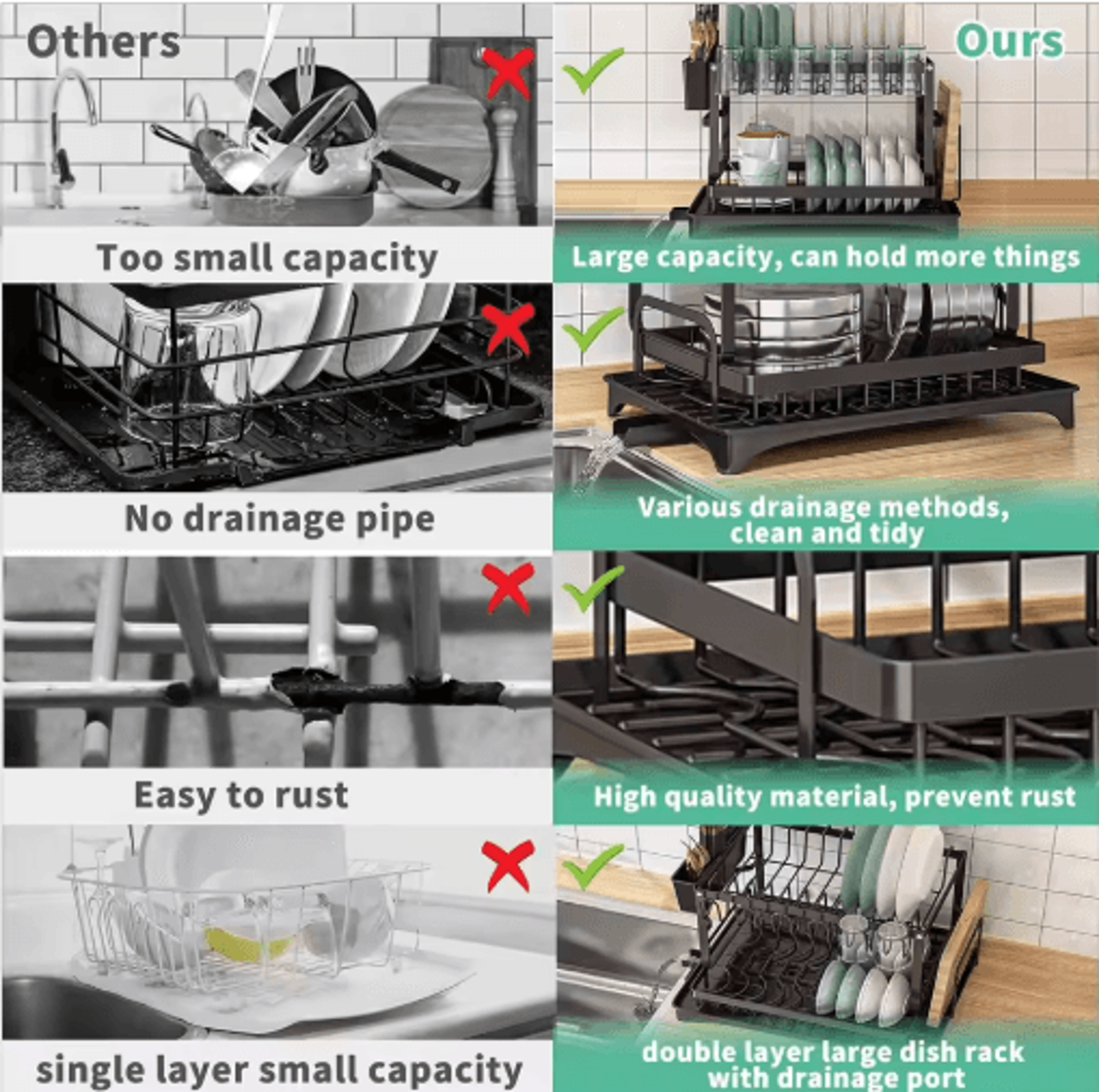 Rust Resistant Double Layer Dish Rack With Drain Tray  Knife Storage Organizer 6