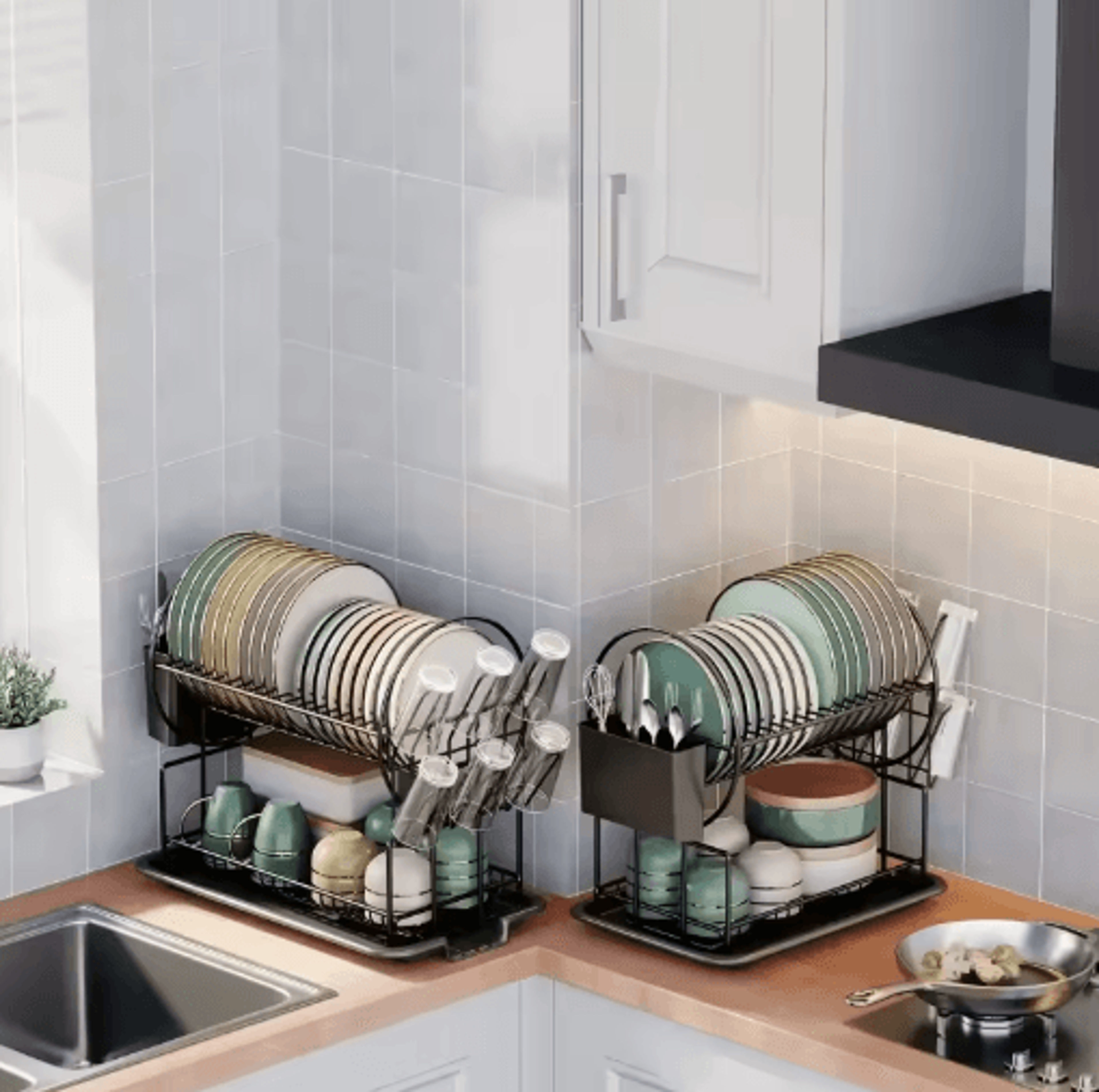 2 Tier Dish Drying Rack With Drain Board Kitchen Countertop Storage Set With Cup  Cutlery Holder 4