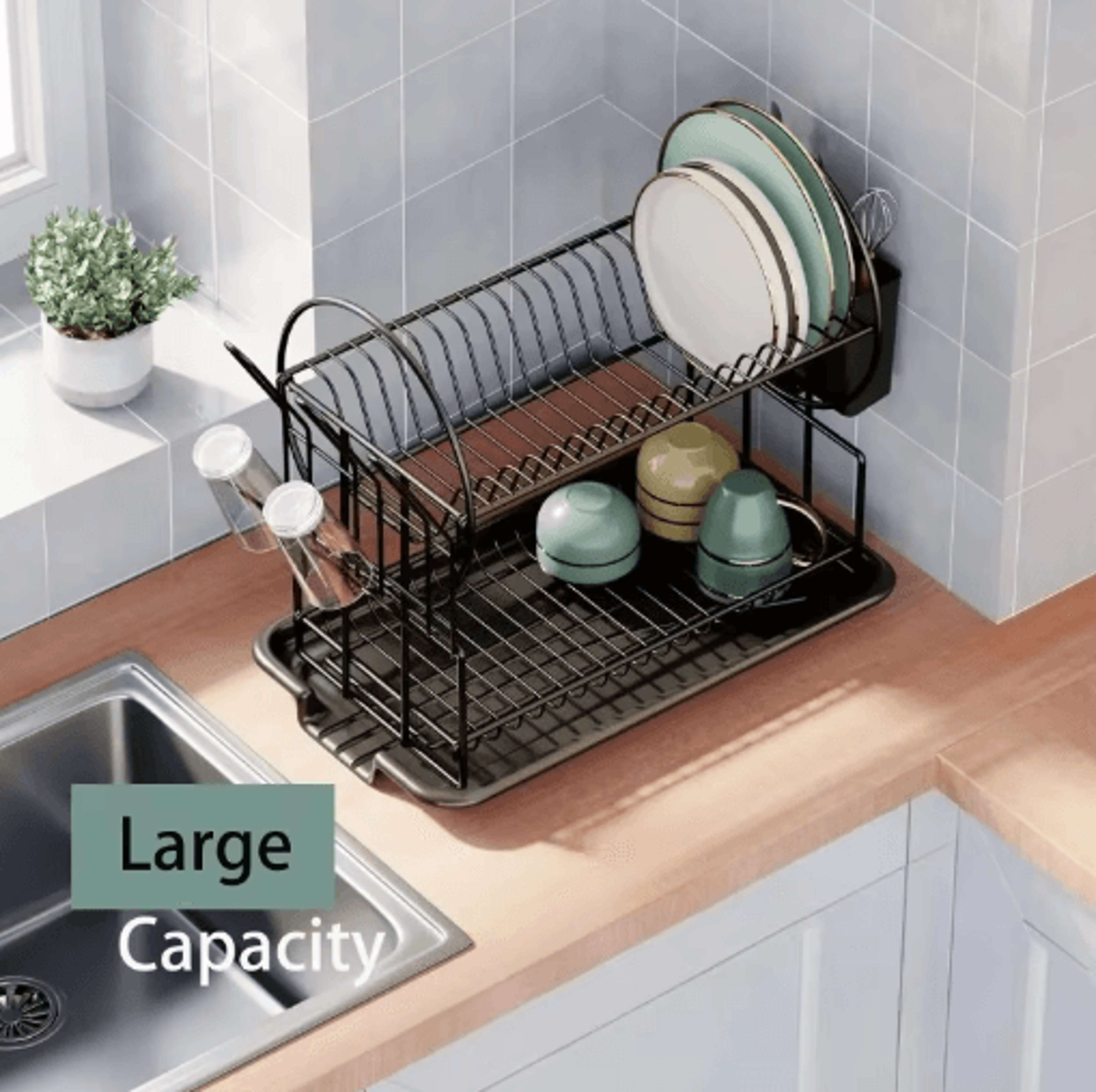 2 Tier Dish Drying Rack With Drain Board Kitchen Countertop Storage Set With Cup  Cutlery Holder 6