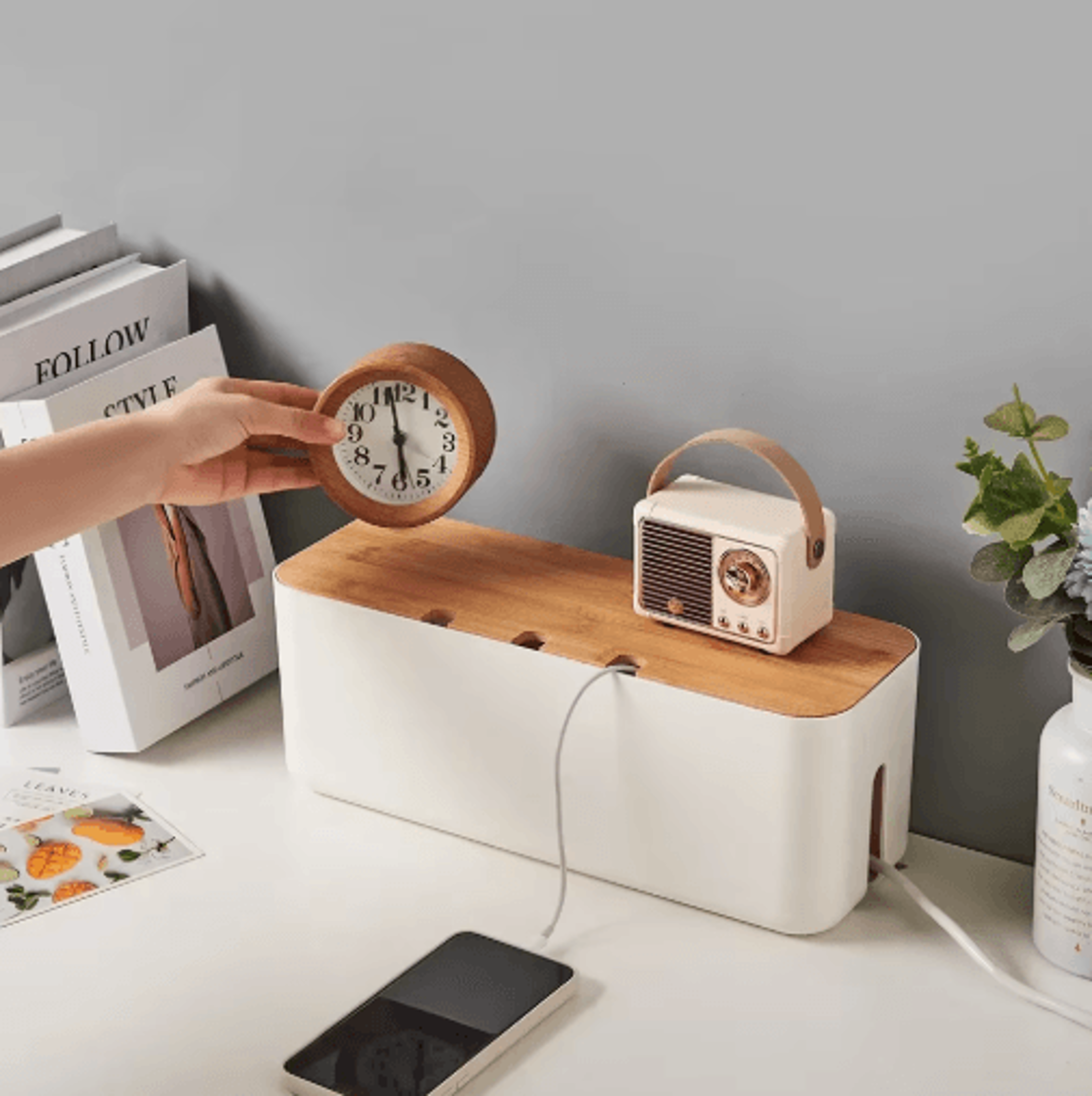 bamboo lid cable management box for desk and power strip organization