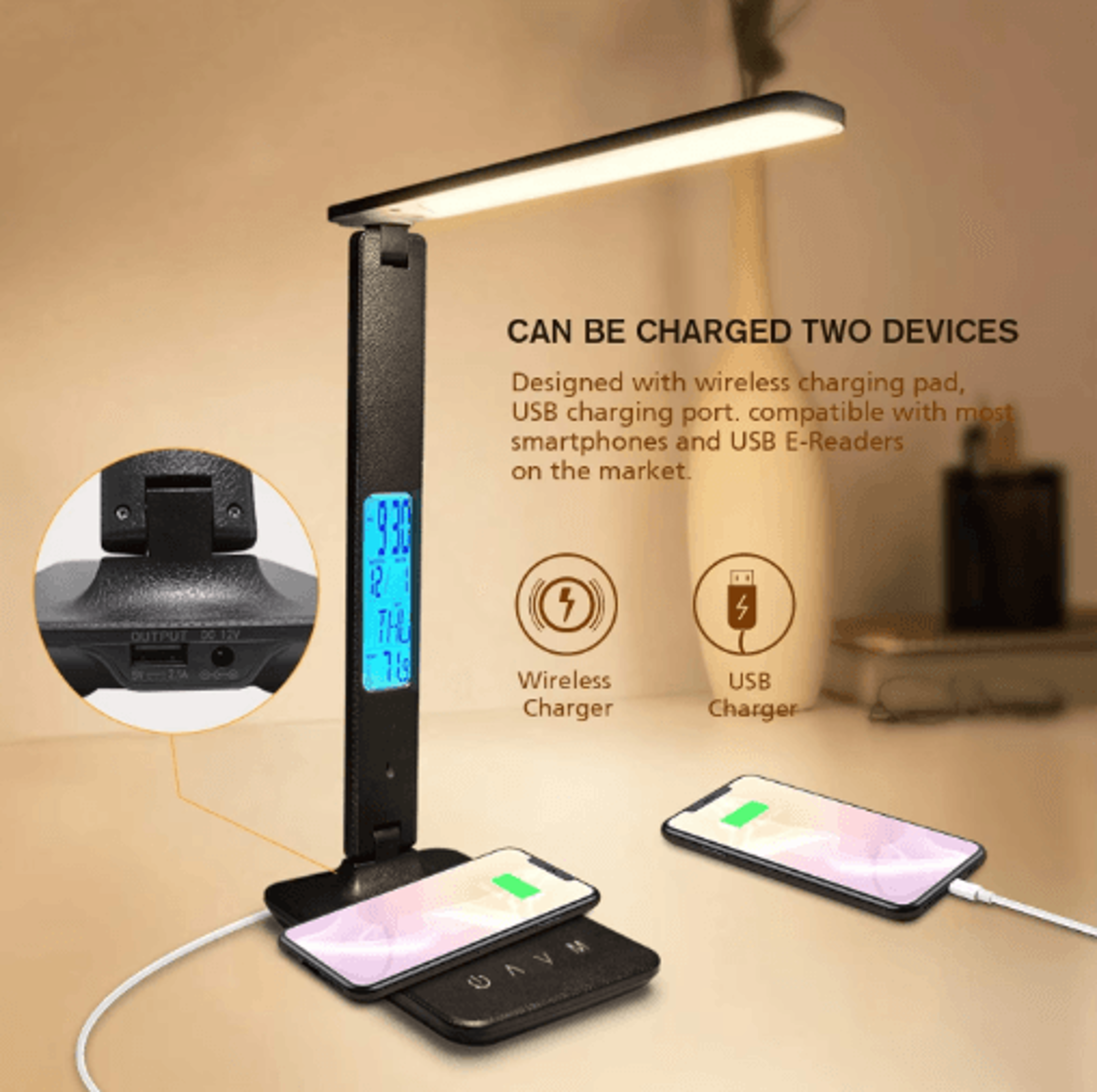 10w wireless charging led desk lamp with clock, calendar & eye protection
