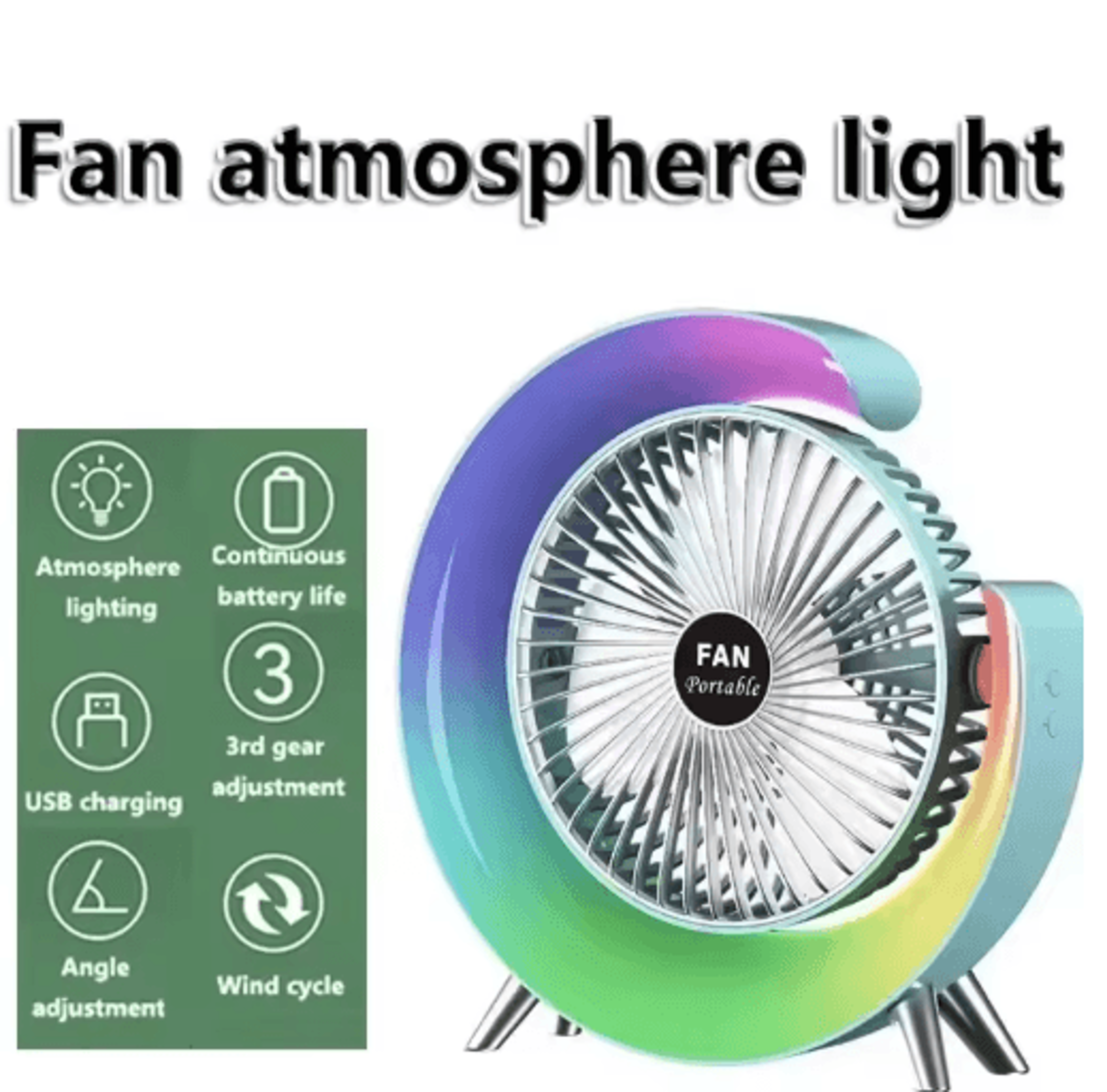 portable usb desk fan with 180° rotation & colorful led light