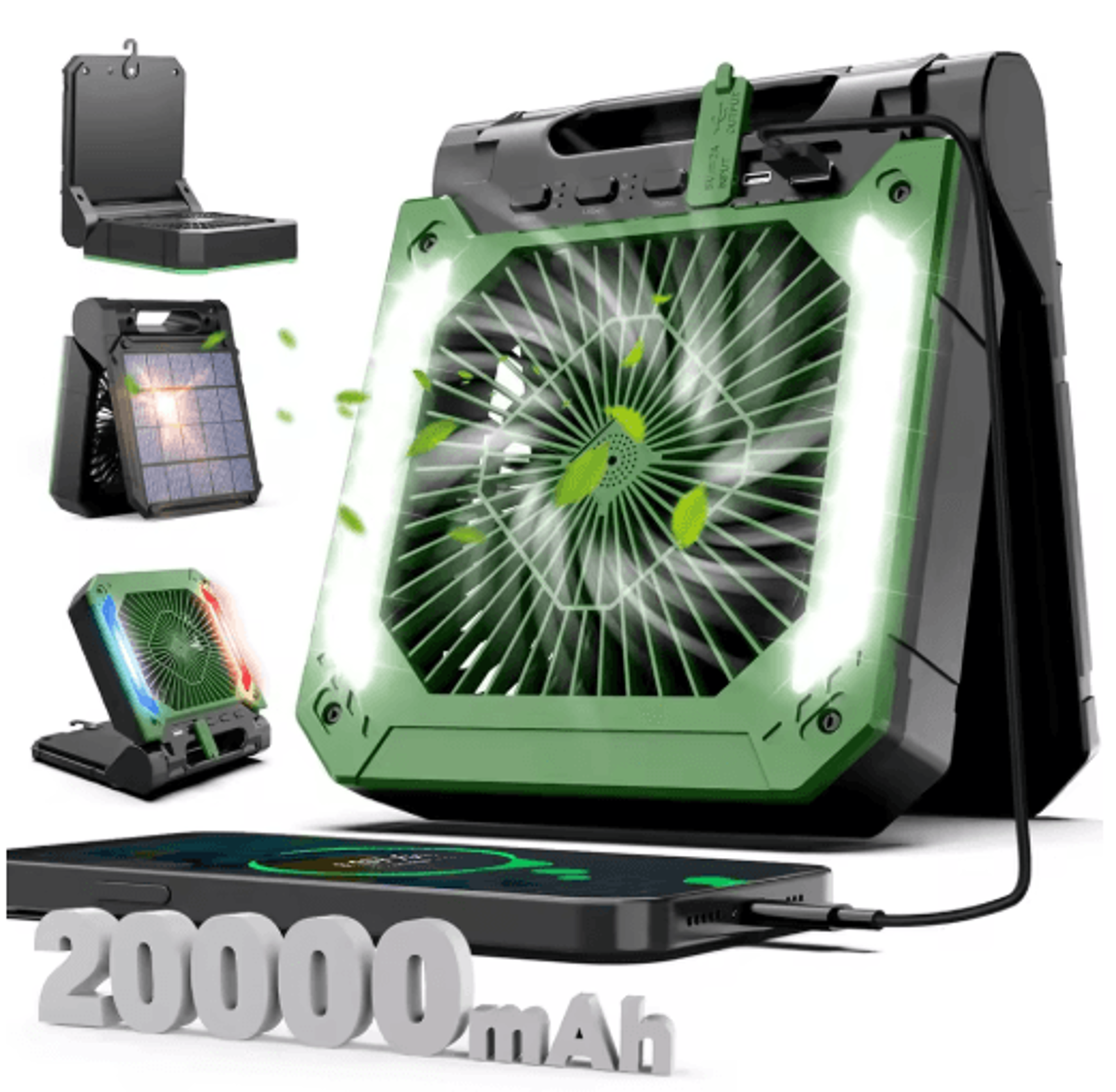 20000mAh Portable Camping Fan With LED Light  Solar  USB Rechargeable Outdoor Cooling Fan 2
