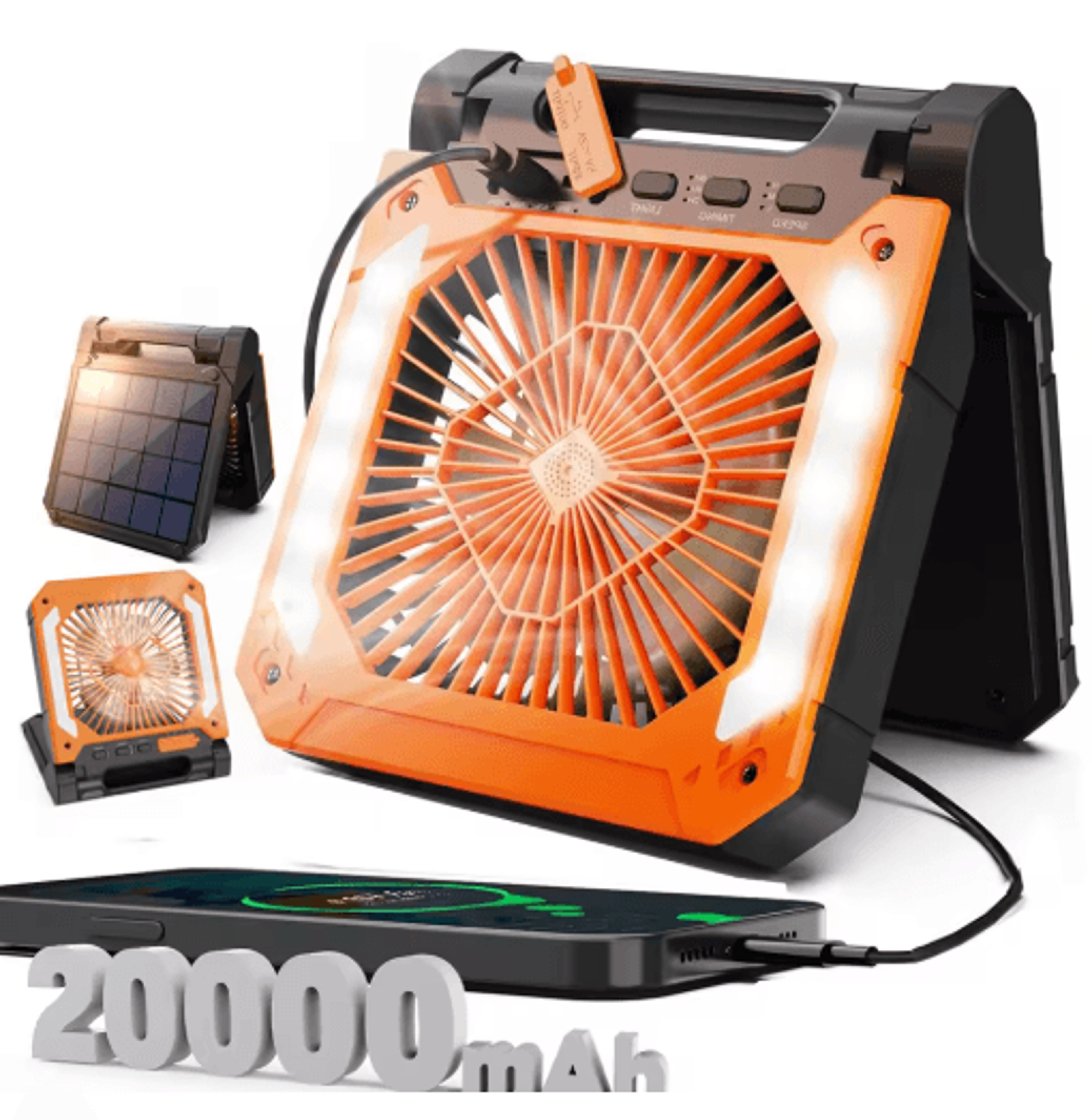 20000mAh Portable Camping Fan With LED Light  Solar  USB Rechargeable Outdoor Cooling Fan 4
