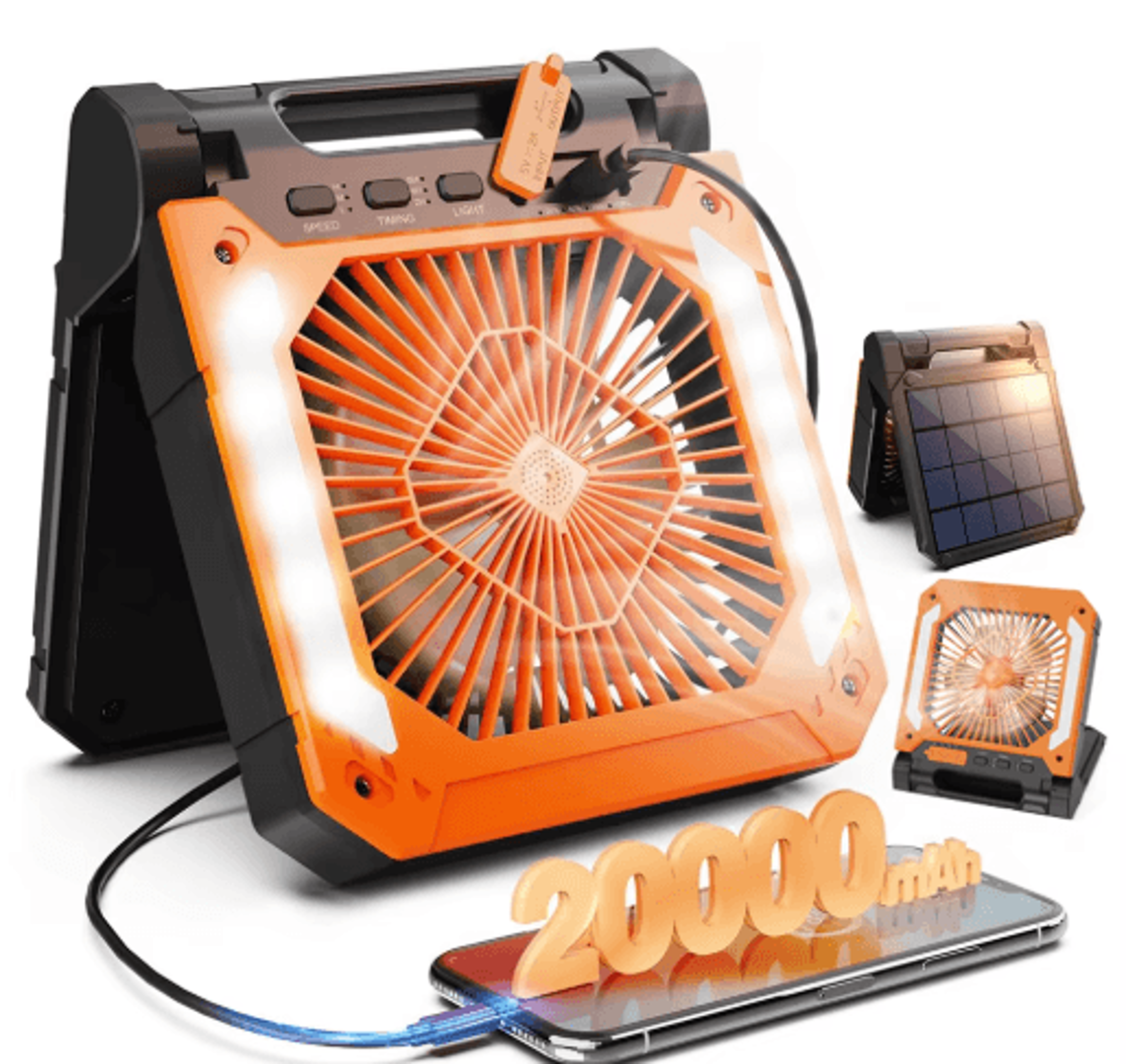 20000mAh Portable Camping Fan With LED Light  Solar  USB Rechargeable Outdoor Cooling Fan 9
