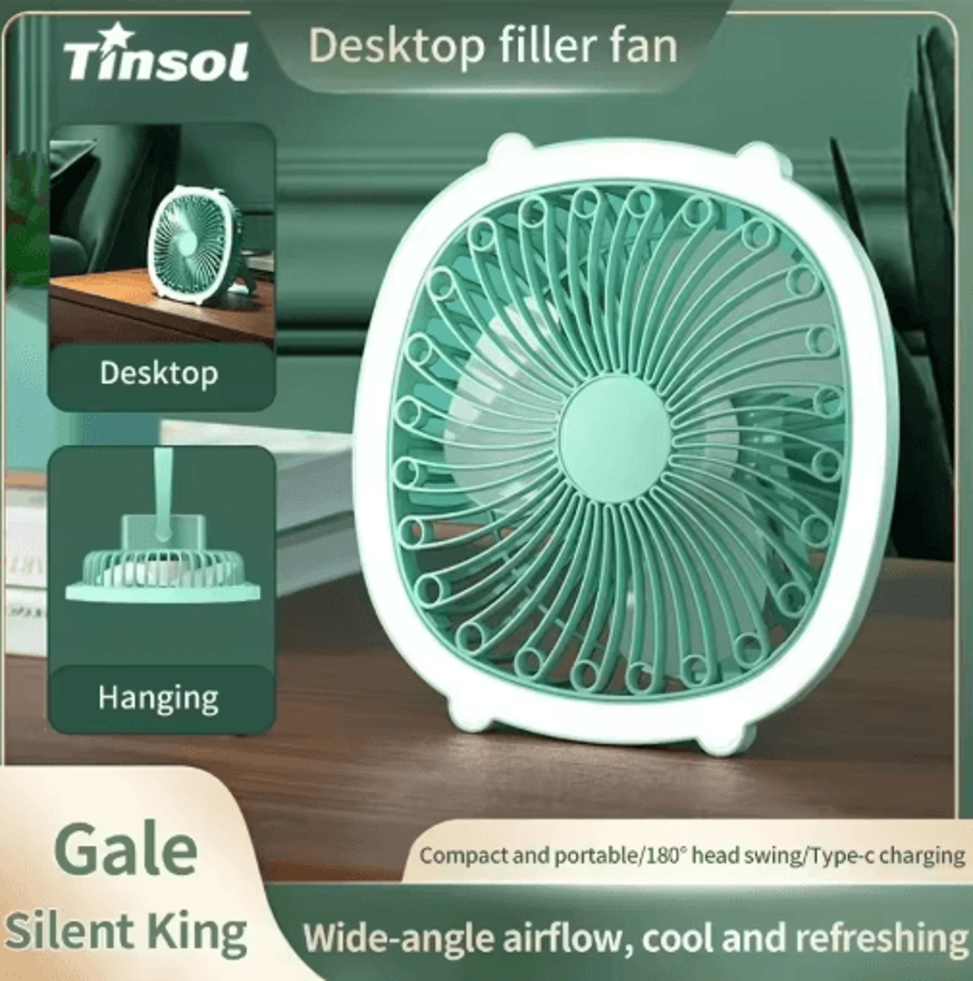 tinsol led fan light – usb rechargeable desktop cooling fan with wide angle airflow