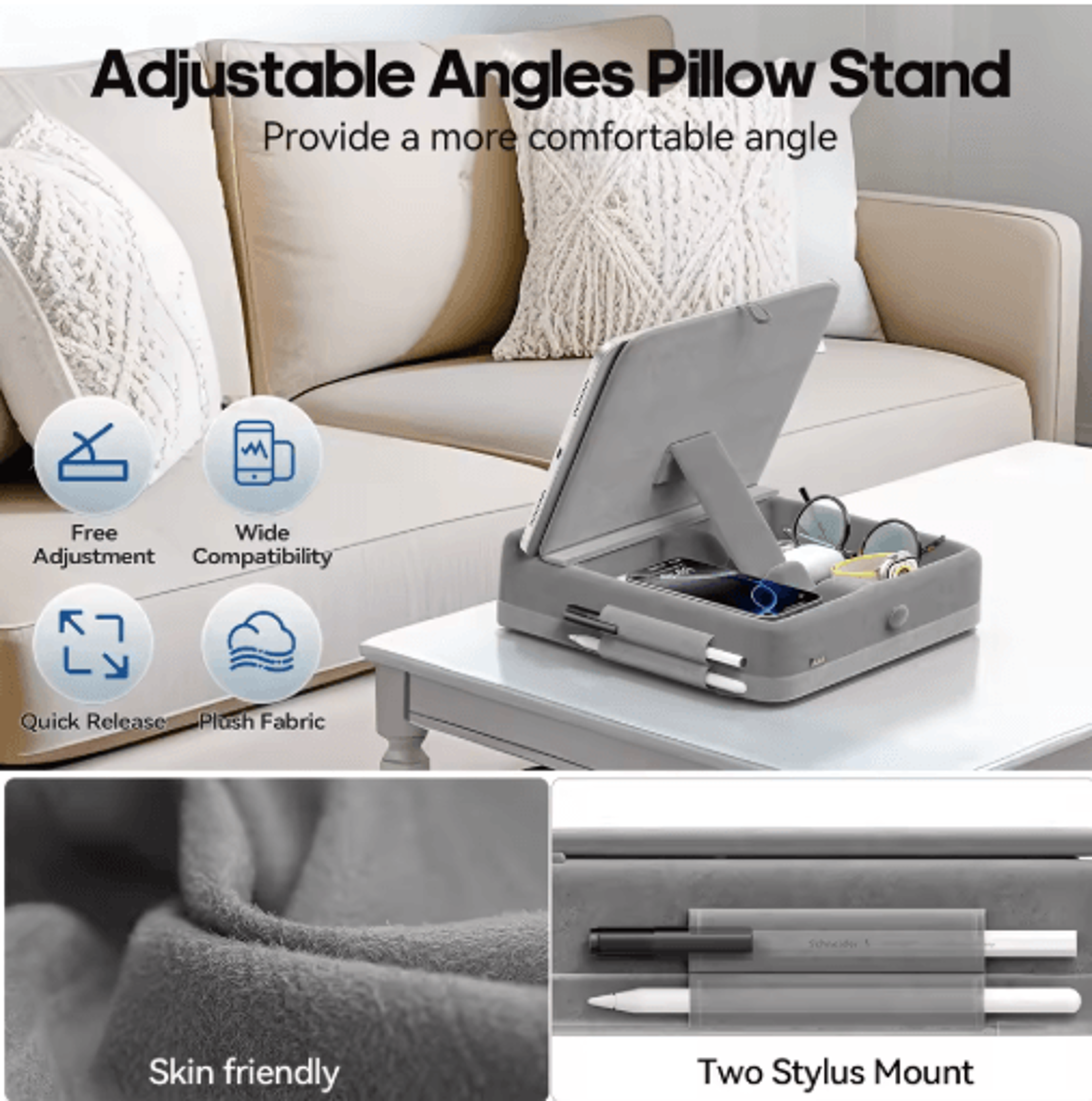FlexiRest Tablet Pillow Stand Adjustable IPad Stand For Bed With Storage  Stylus Holder 10