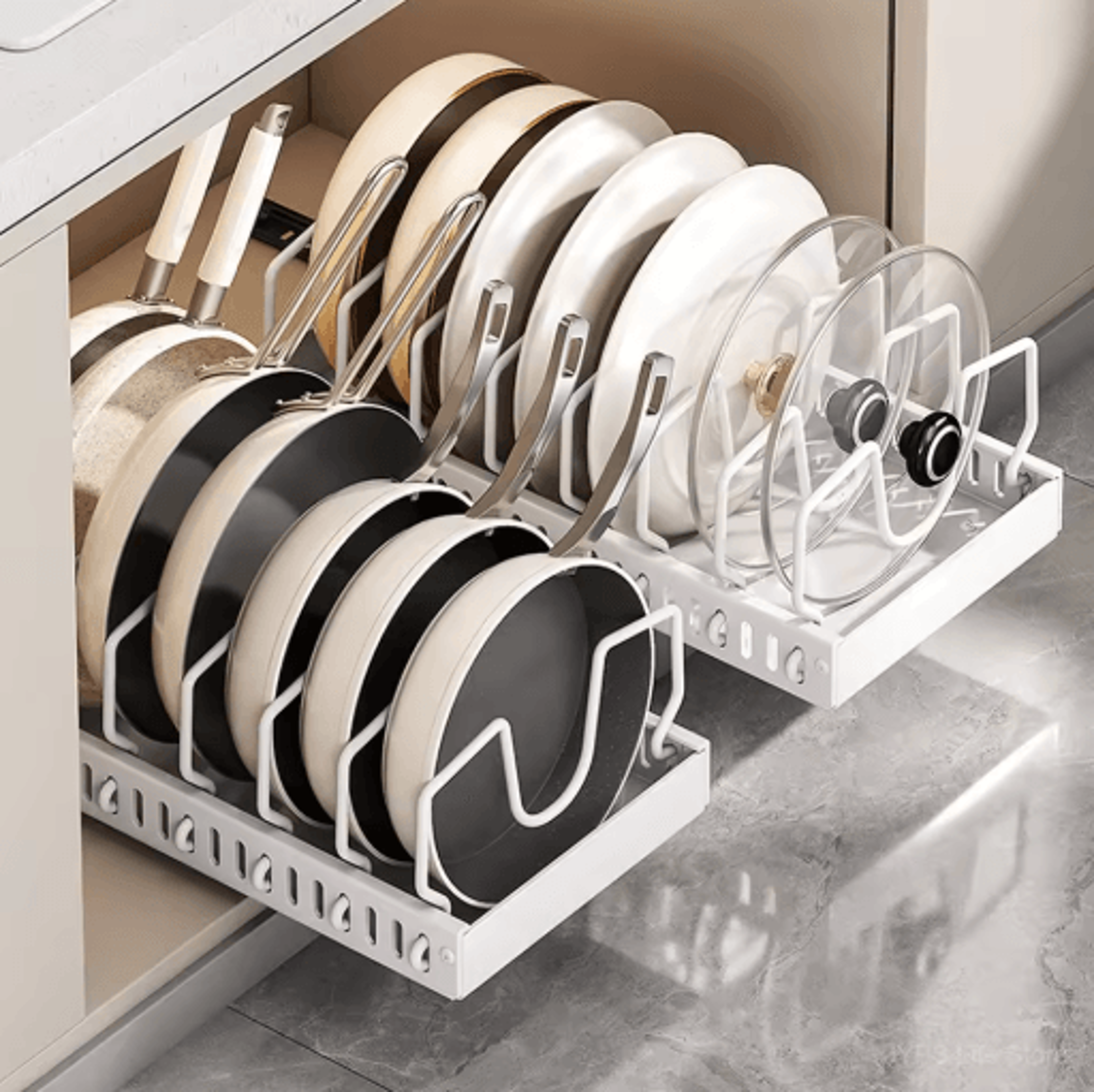 PullOut Pots  Pans Organizer Drawer With Dividers Space Saving Pot Lid Organizer For Cabinets 11